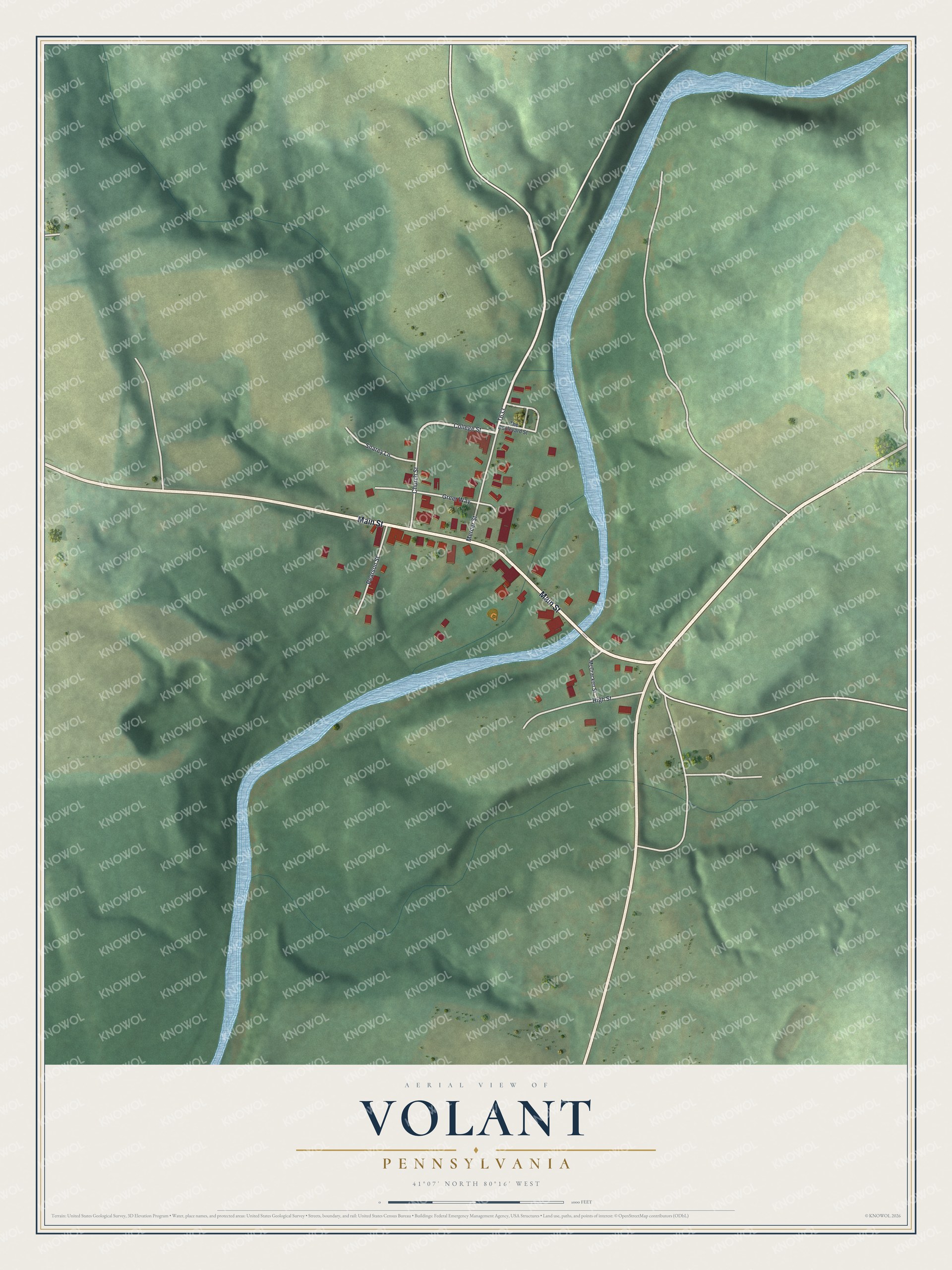 Full map of Volant, Pennsylvania, with red buildings, printed street names and the land around them