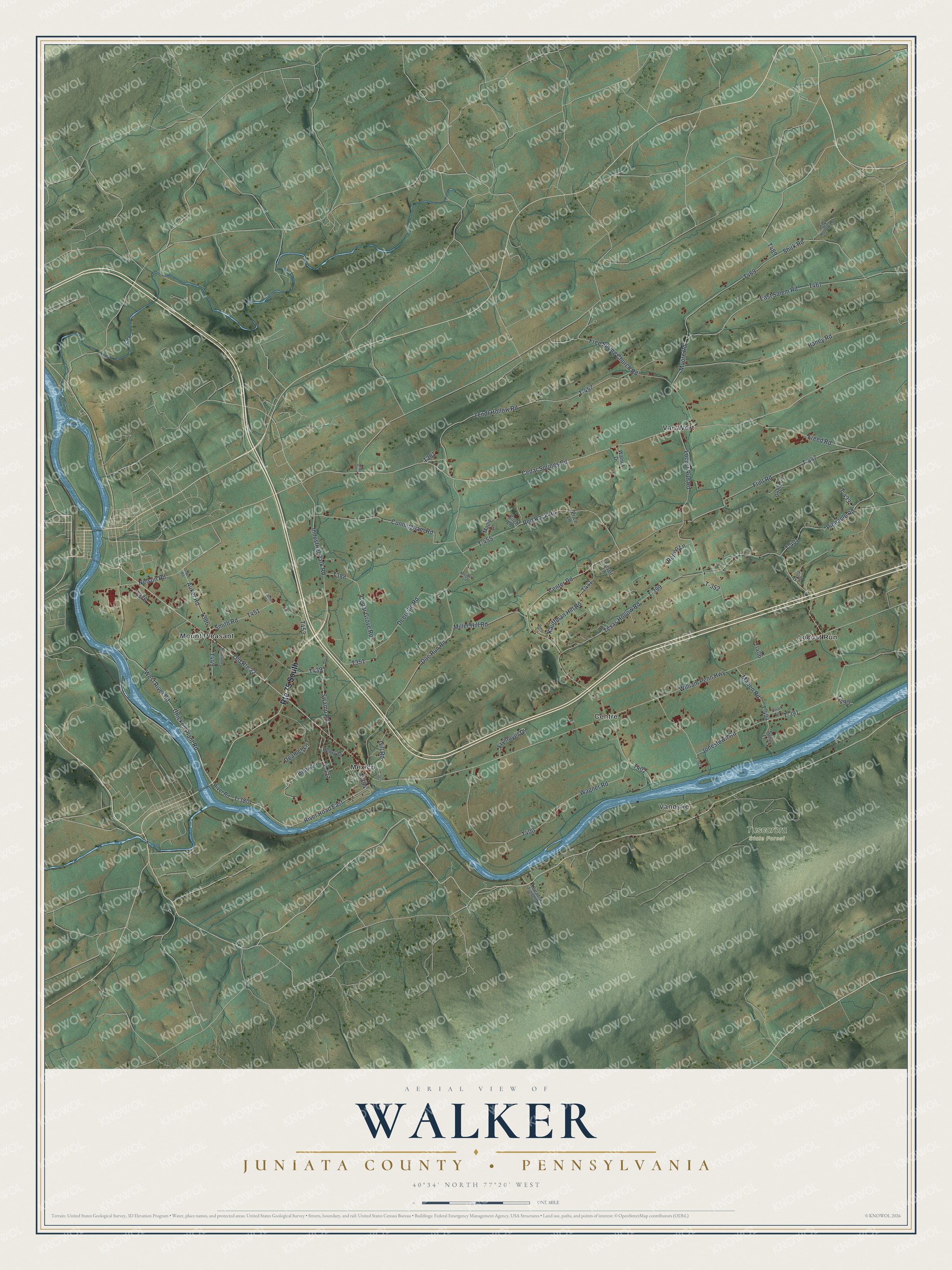 Full map of Walker, Juniata County, Pennsylvania, with red buildings, printed street names and the land around them