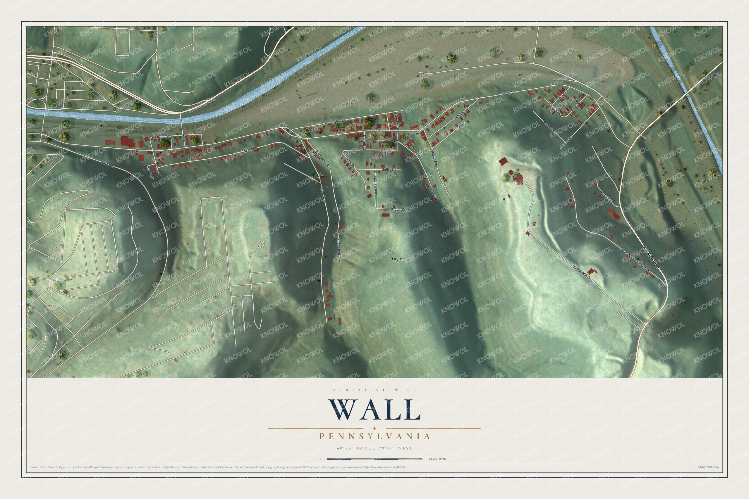 Full map of Wall, Pennsylvania, with red buildings, printed street names and the land around them