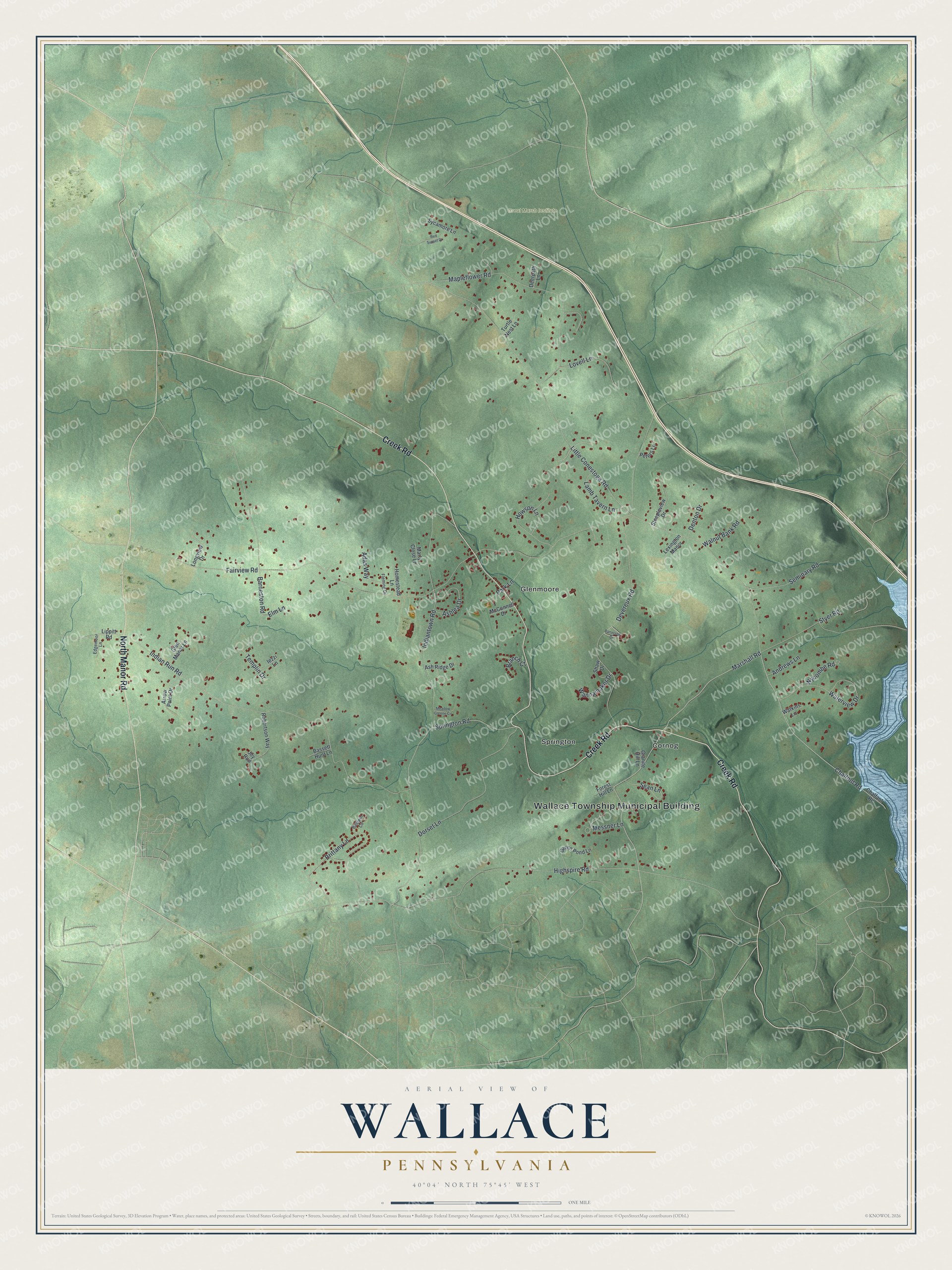 Full map of Wallace, Pennsylvania, with red buildings, printed street names and the land around them