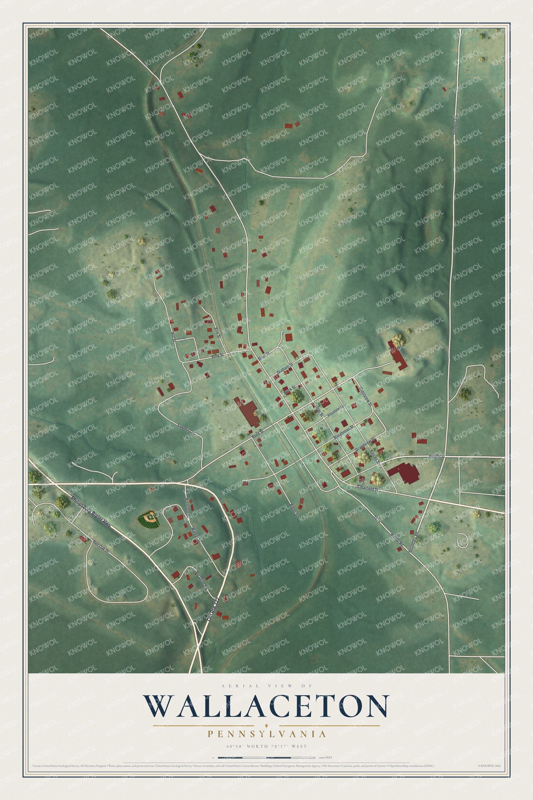 Full map of Wallaceton, Pennsylvania, with red buildings, printed street names and the land around them