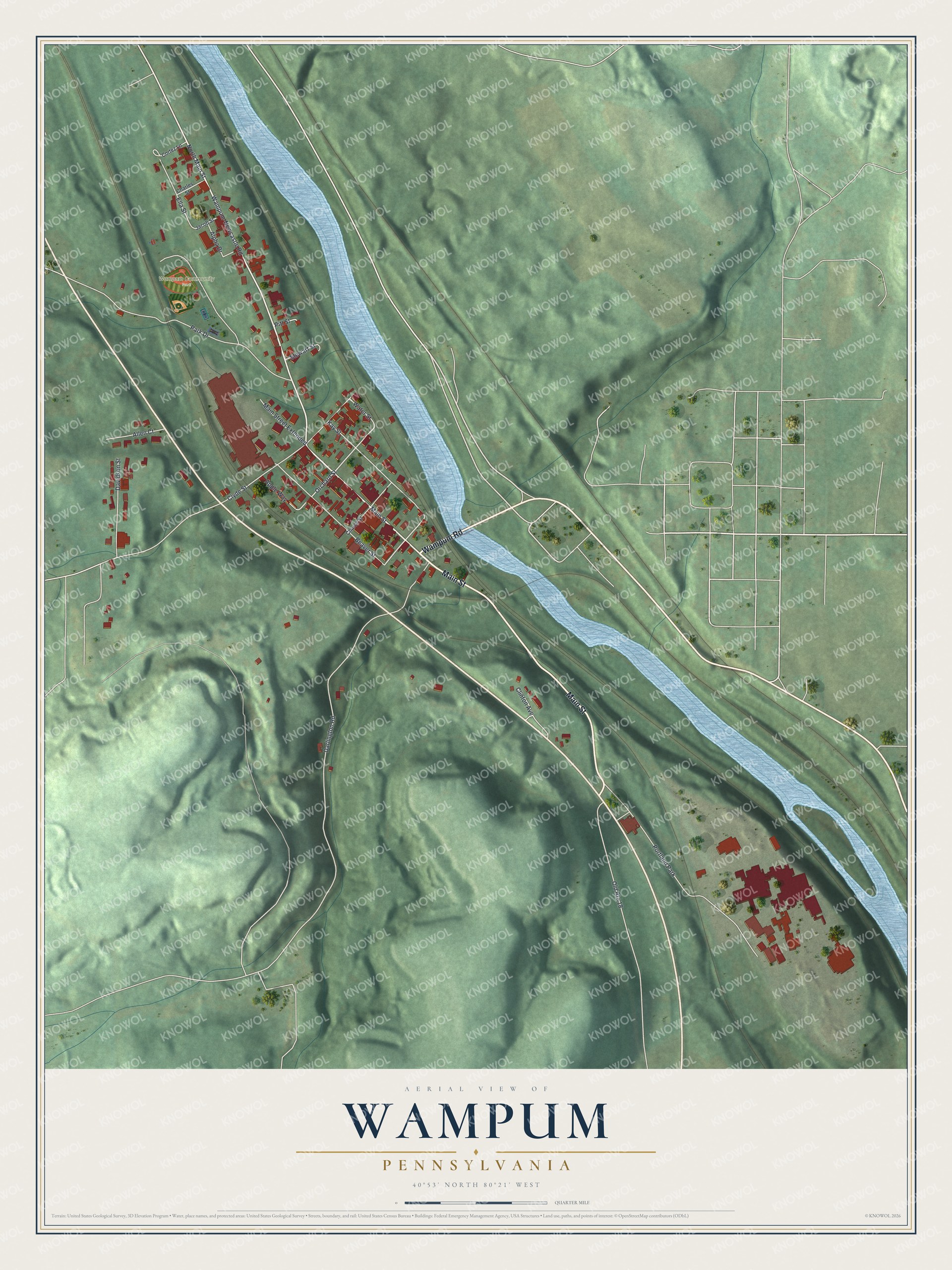 Full map of Wampum, Pennsylvania, with red buildings, printed street names and the land around them