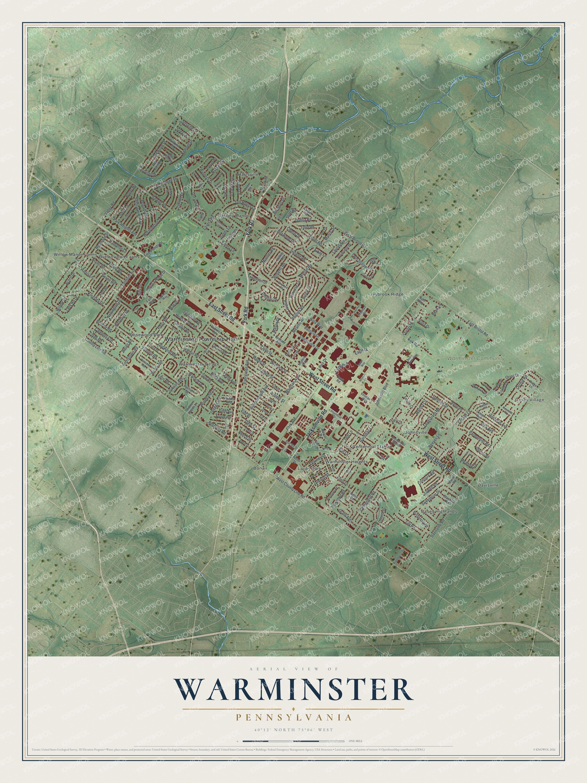 Full map of Warminster, Pennsylvania, with red buildings, printed street names and the land around them