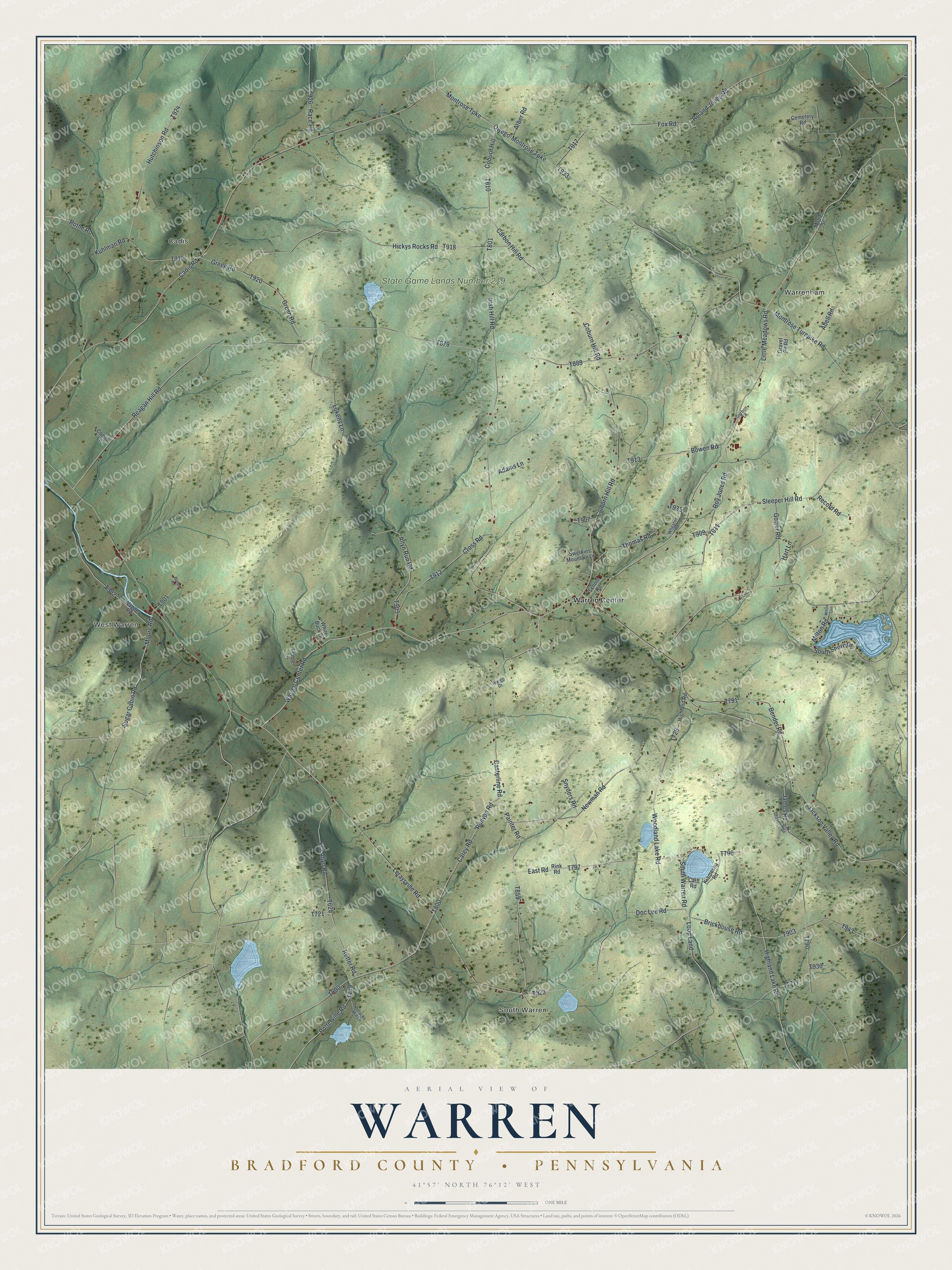 Full map of Warren, Bradford County, Pennsylvania, with red buildings, printed street names and the land around them
