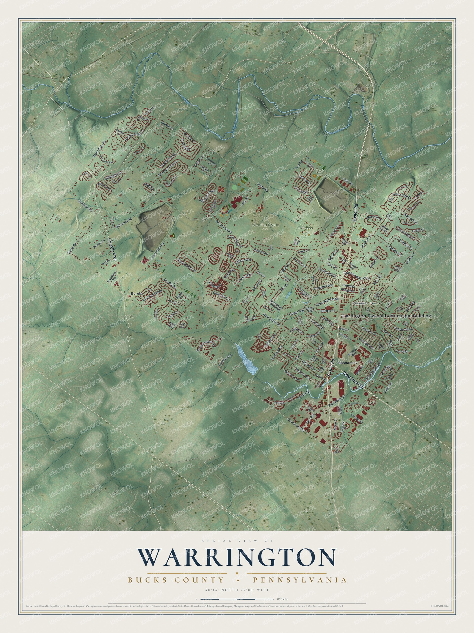 Aerial style map of Warrington in Bucks County with red buildings, green hills, blue creeks and Easton Road