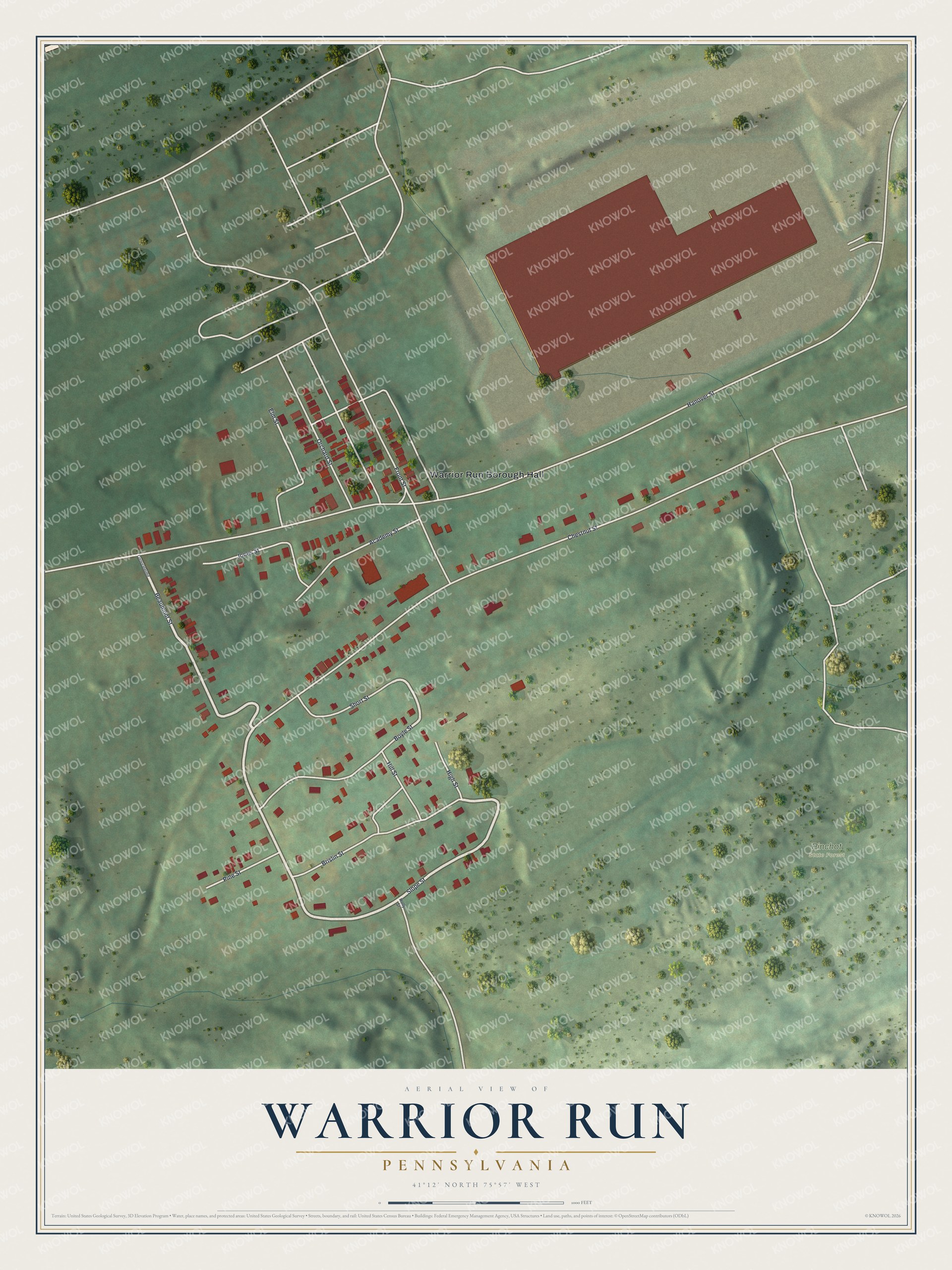 Full map of Warrior Run, Pennsylvania, with red buildings, printed street names and the land around them
