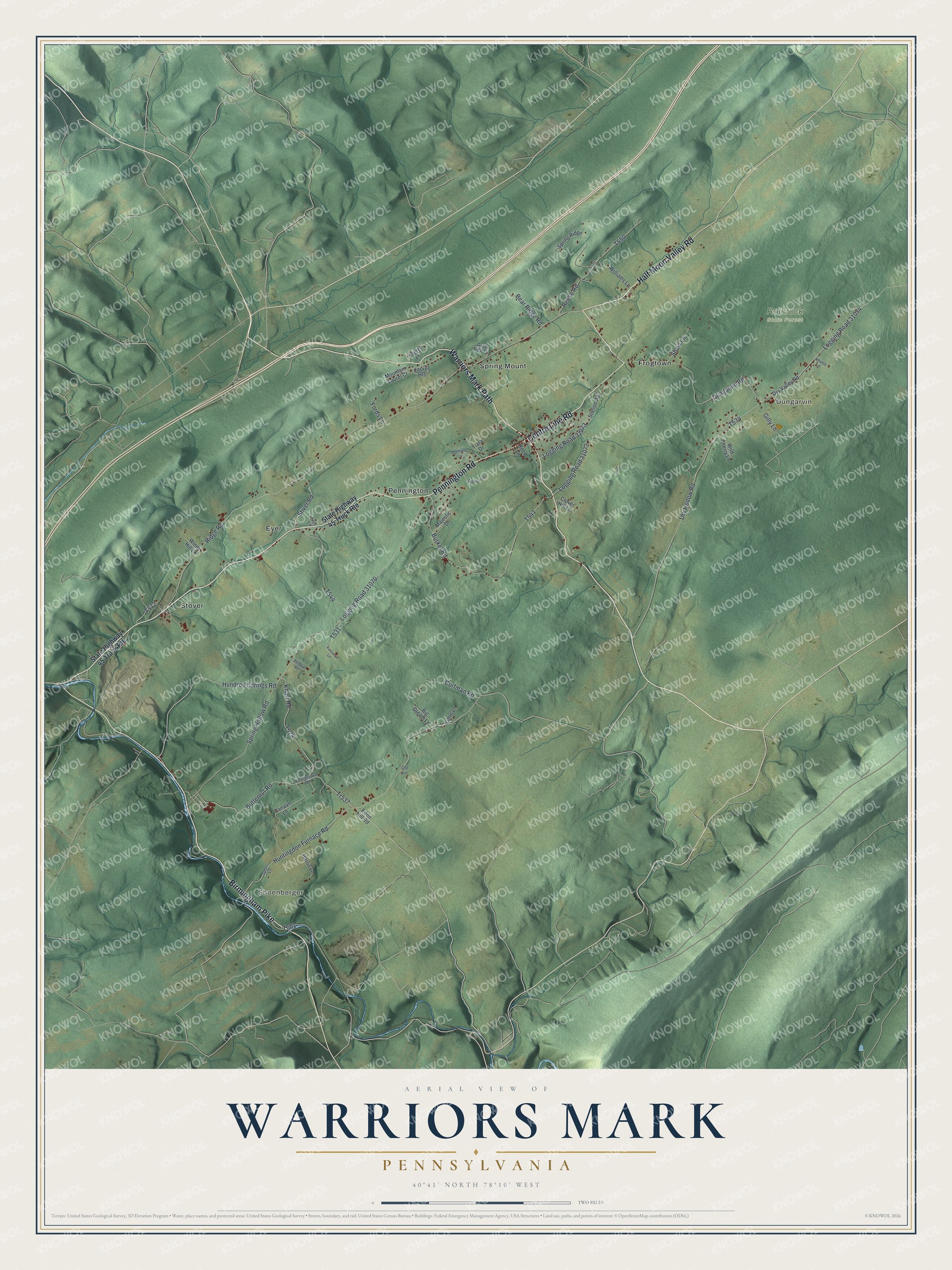 Full map of Warriors Mark, Pennsylvania, with red buildings, printed street names and the land around them