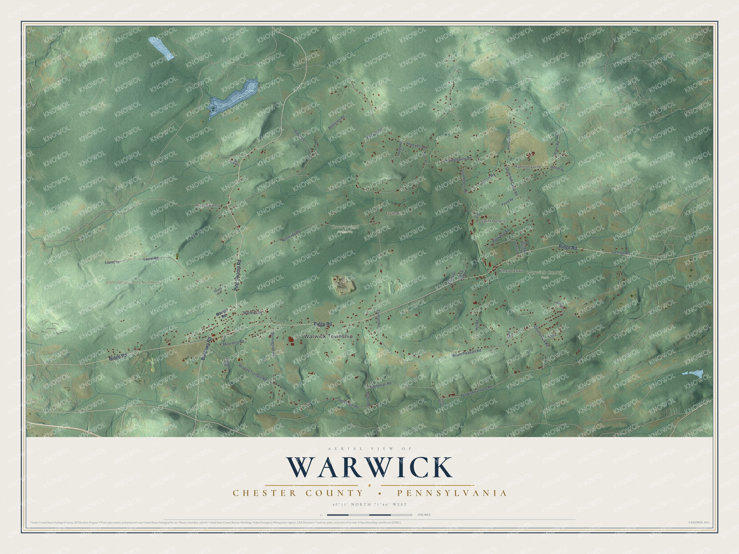 Full map of Warwick, Chester County, Pennsylvania, with red buildings, printed street names and the land around them