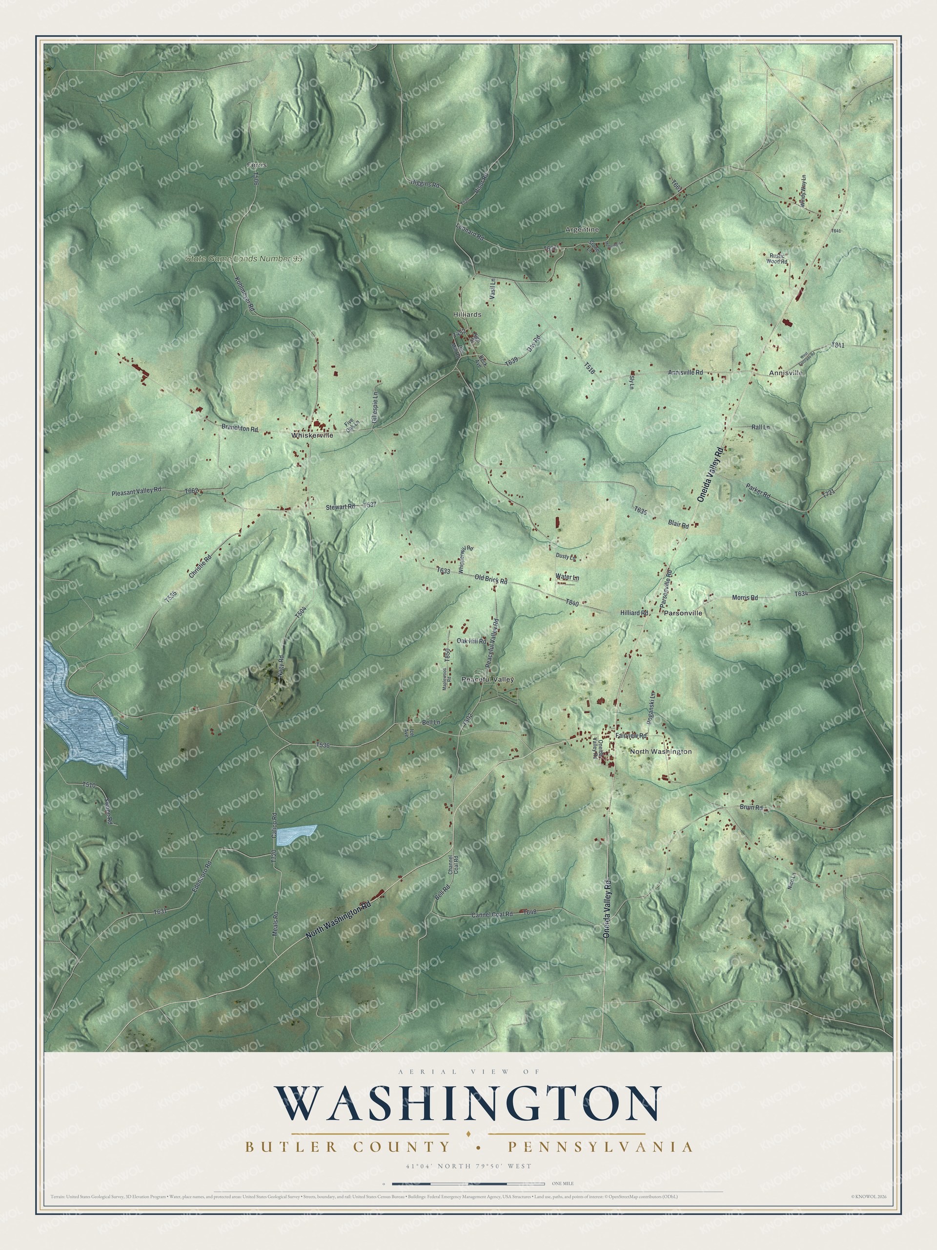 Full map of Washington, Butler County, Pennsylvania, with red buildings, printed street names and the land around them