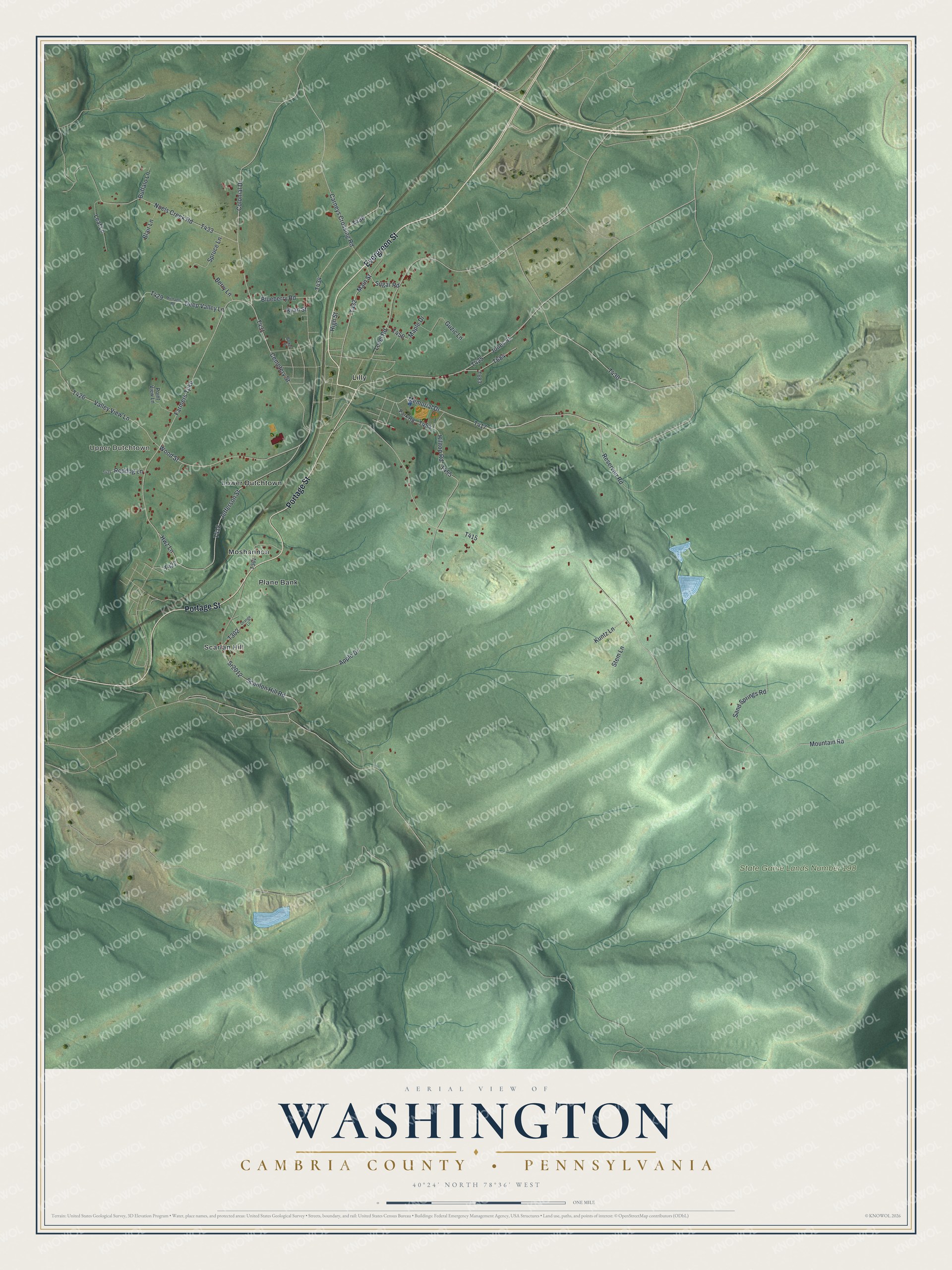 Full map of Washington, Cambria County, Pennsylvania, with red buildings, printed street names and the land around them