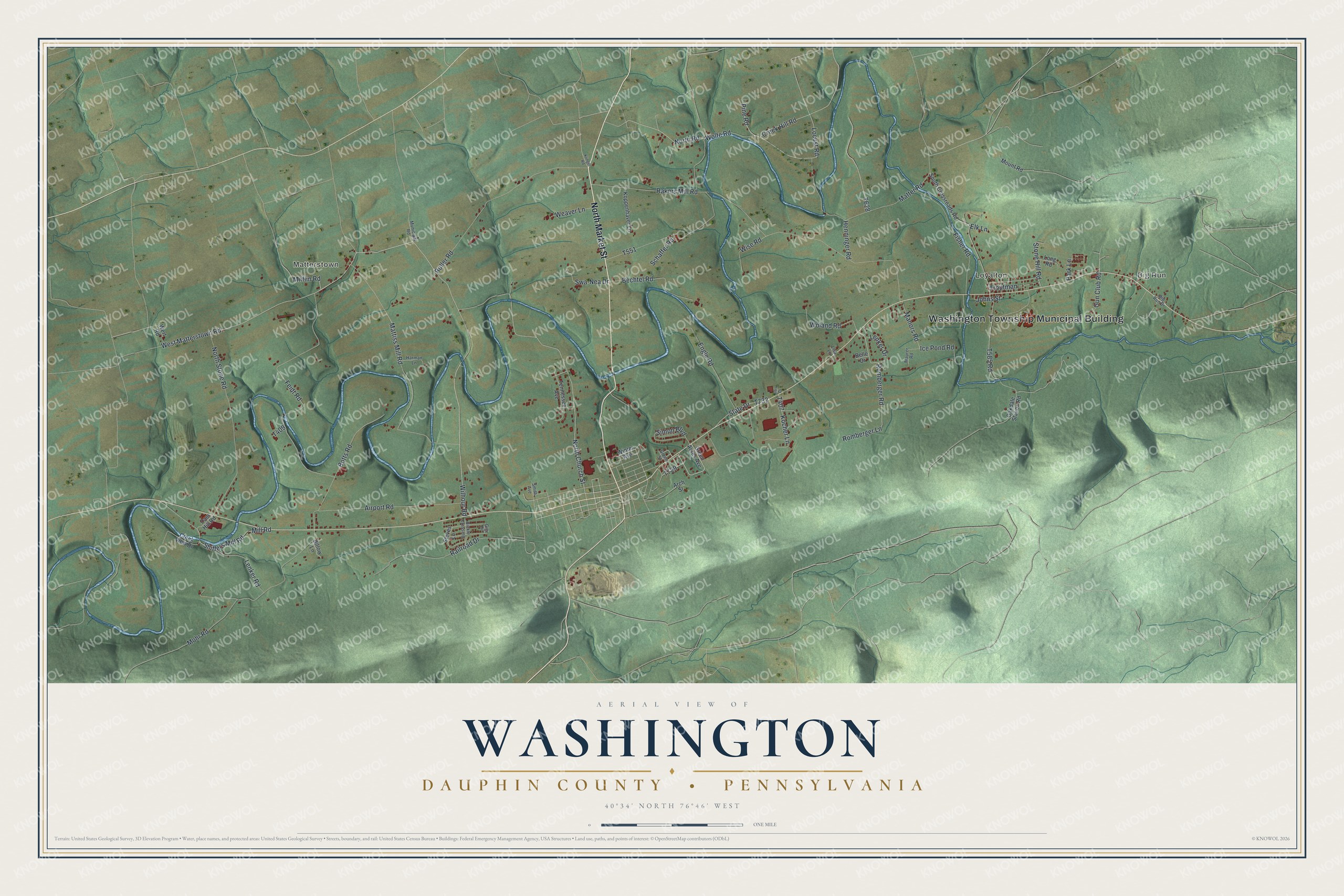 Full map of Washington, Dauphin County, Pennsylvania, with red buildings, printed street names and the land around them