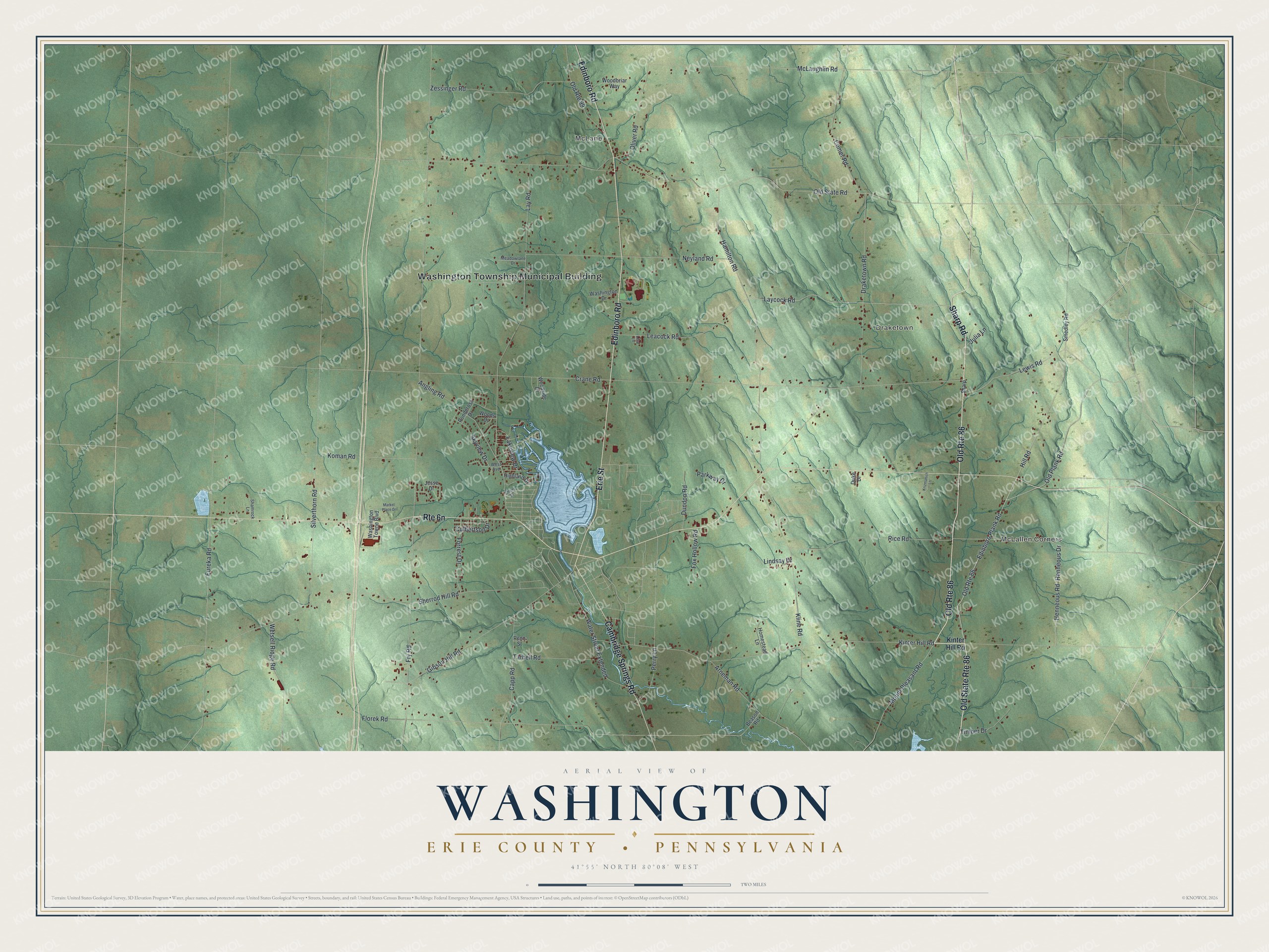 Full map of Washington, Erie County, Pennsylvania, with red buildings, printed street names and the land around them