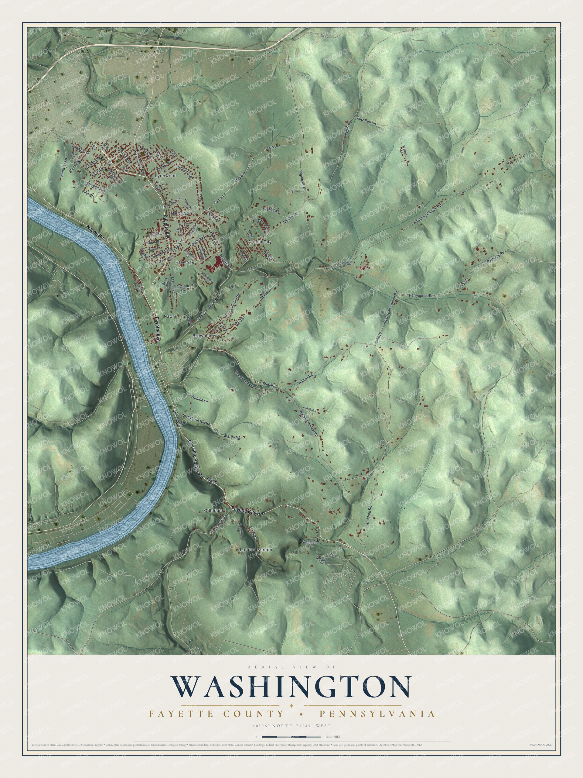 Full map of Washington, Fayette County, Pennsylvania, with red buildings, printed street names and the land around them