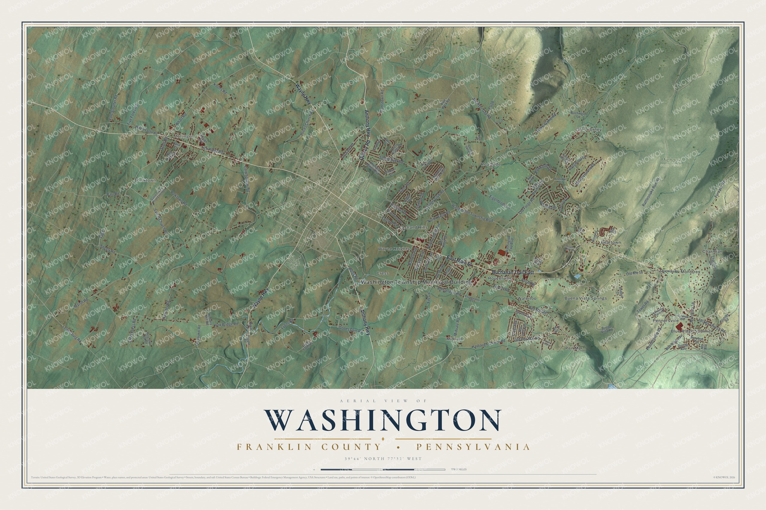 Full map of Washington, Franklin County, Pennsylvania, with red buildings, printed street names and the land around them