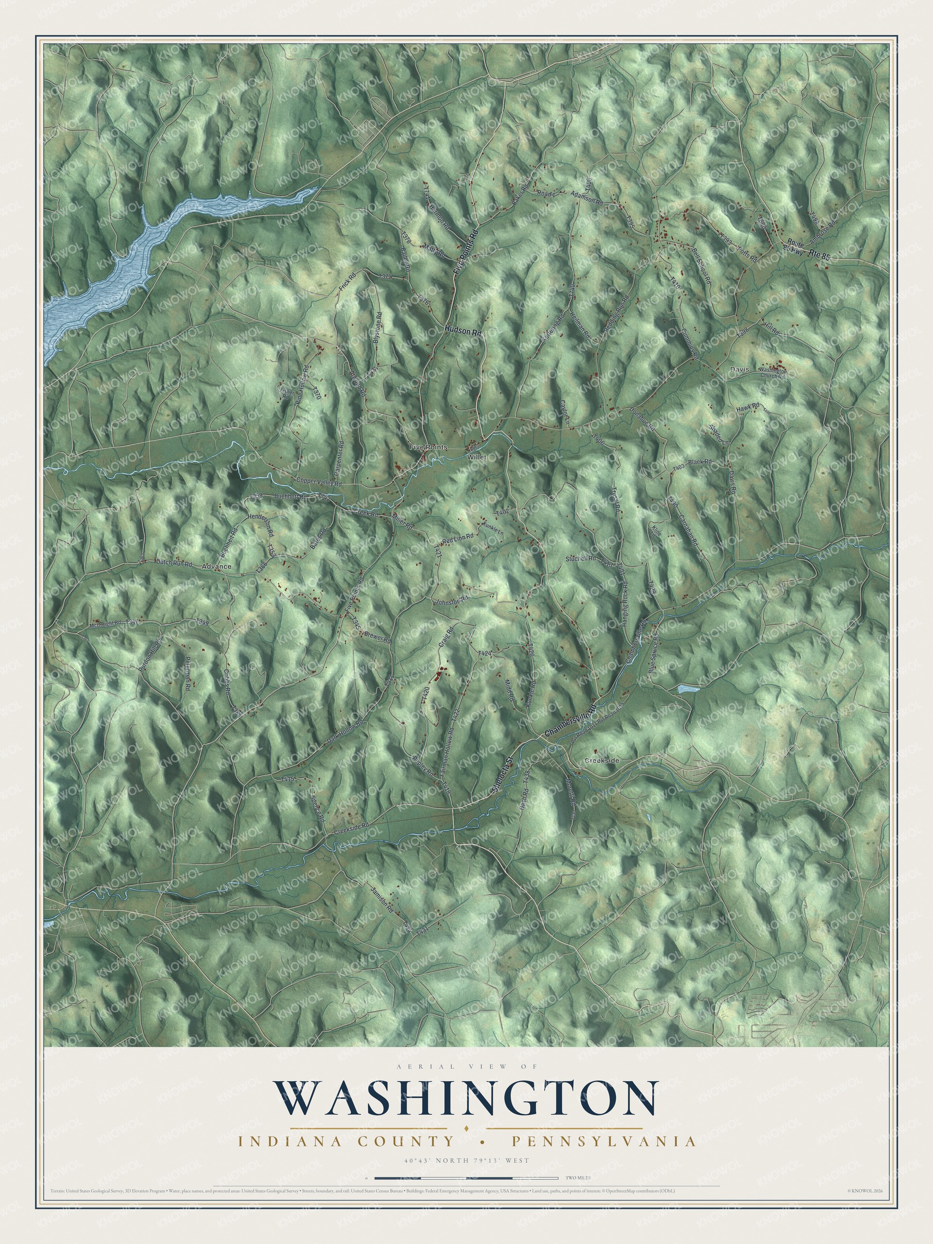 Full map of Washington, Indiana County, Pennsylvania, with red buildings, printed street names and the land around them