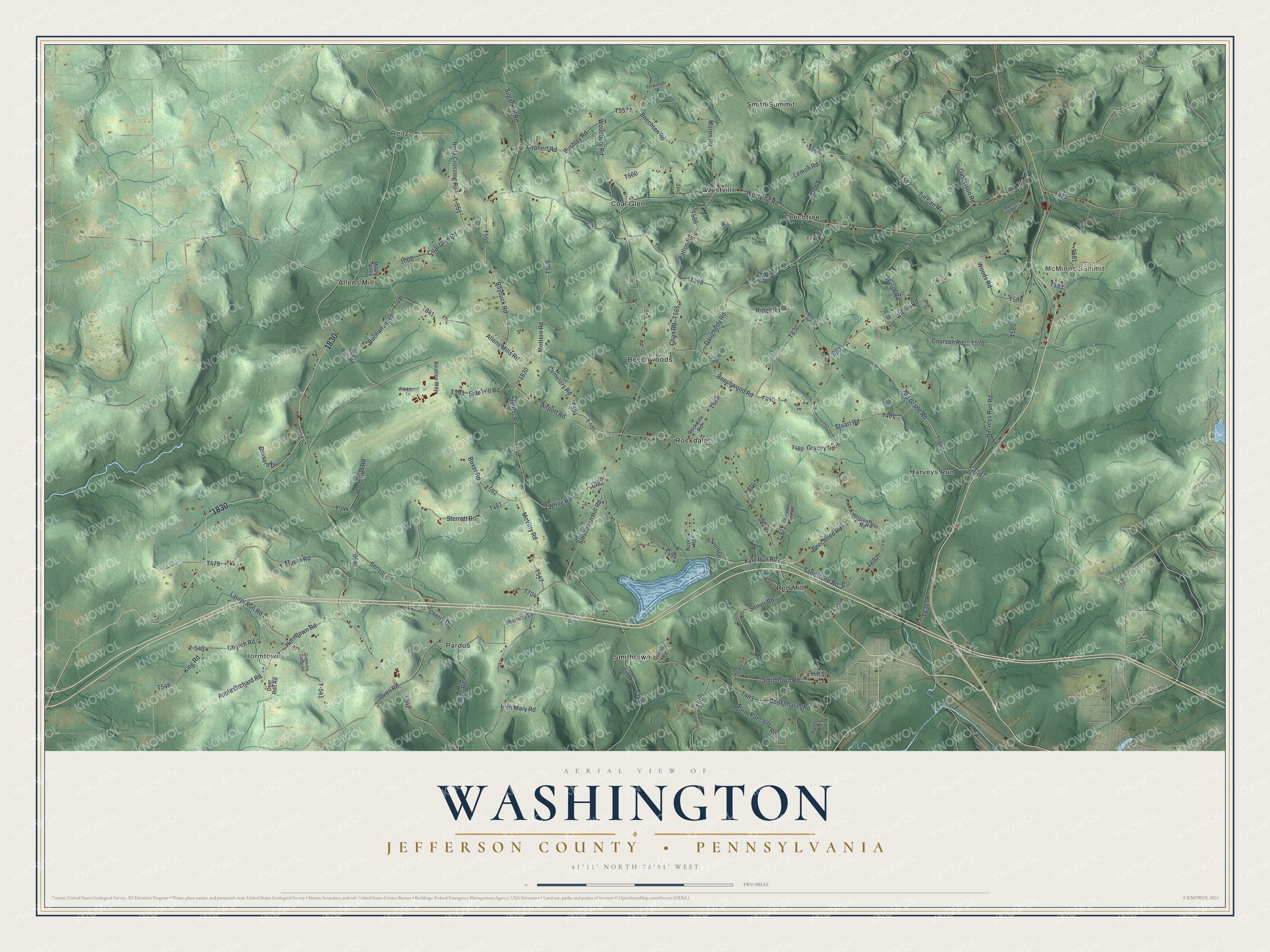 Full map of Washington, Jefferson County, Pennsylvania, with red buildings, printed street names and the land around them