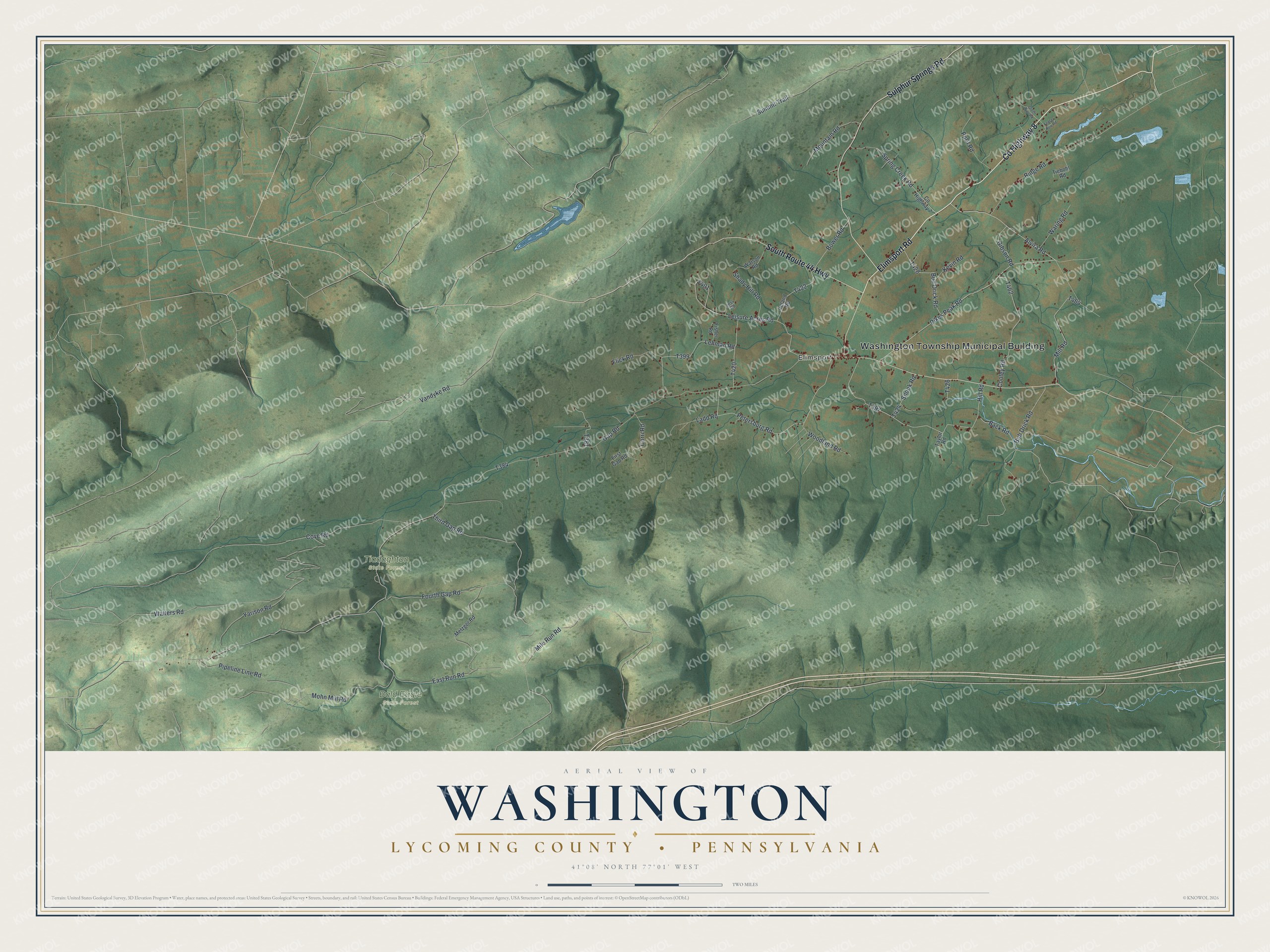 Full map of Washington, Lycoming County, Pennsylvania, with red buildings, printed street names and the land around them