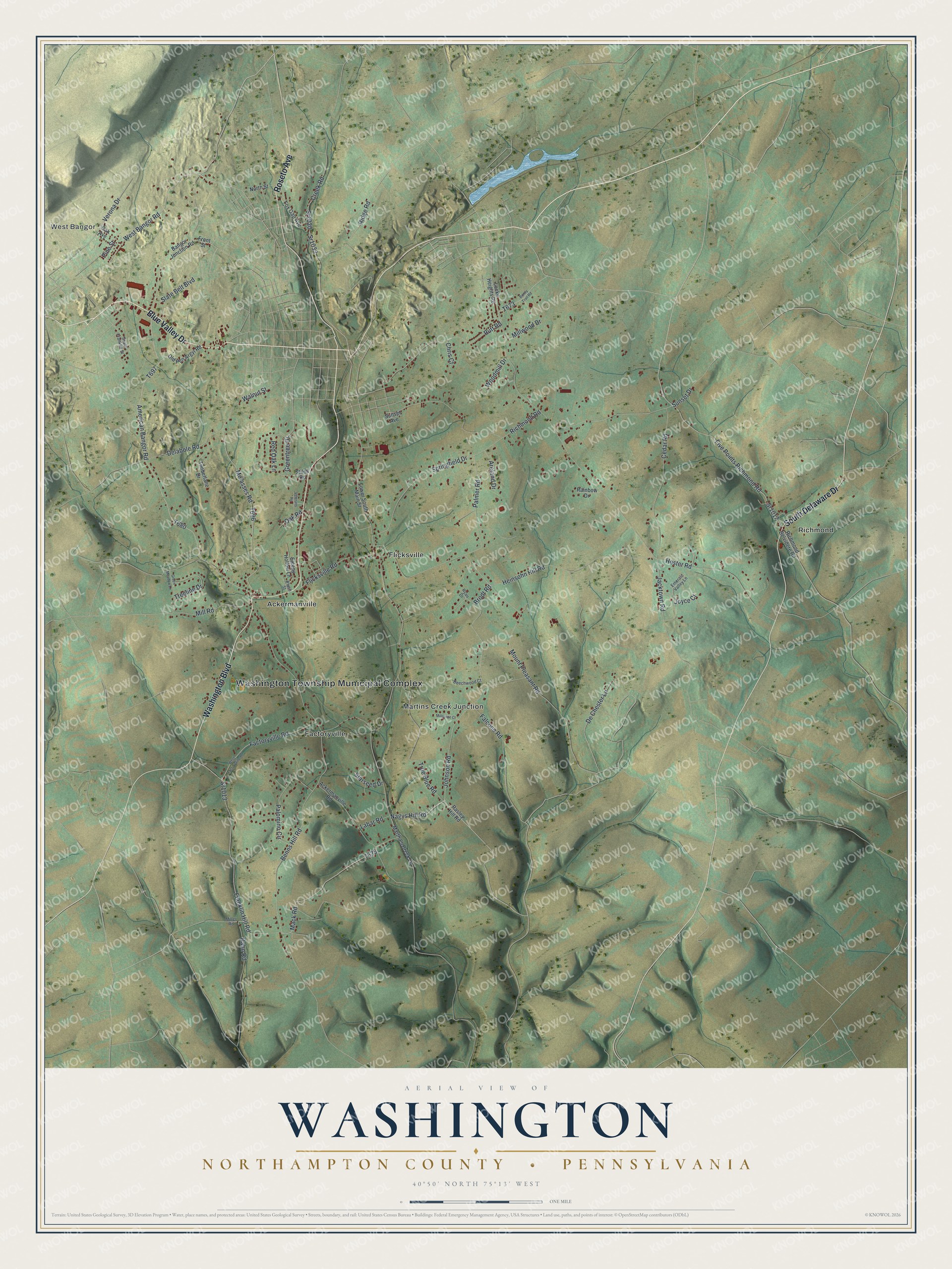 Full map of Washington, Northampton County, Pennsylvania, with red buildings, printed street names and the land around them