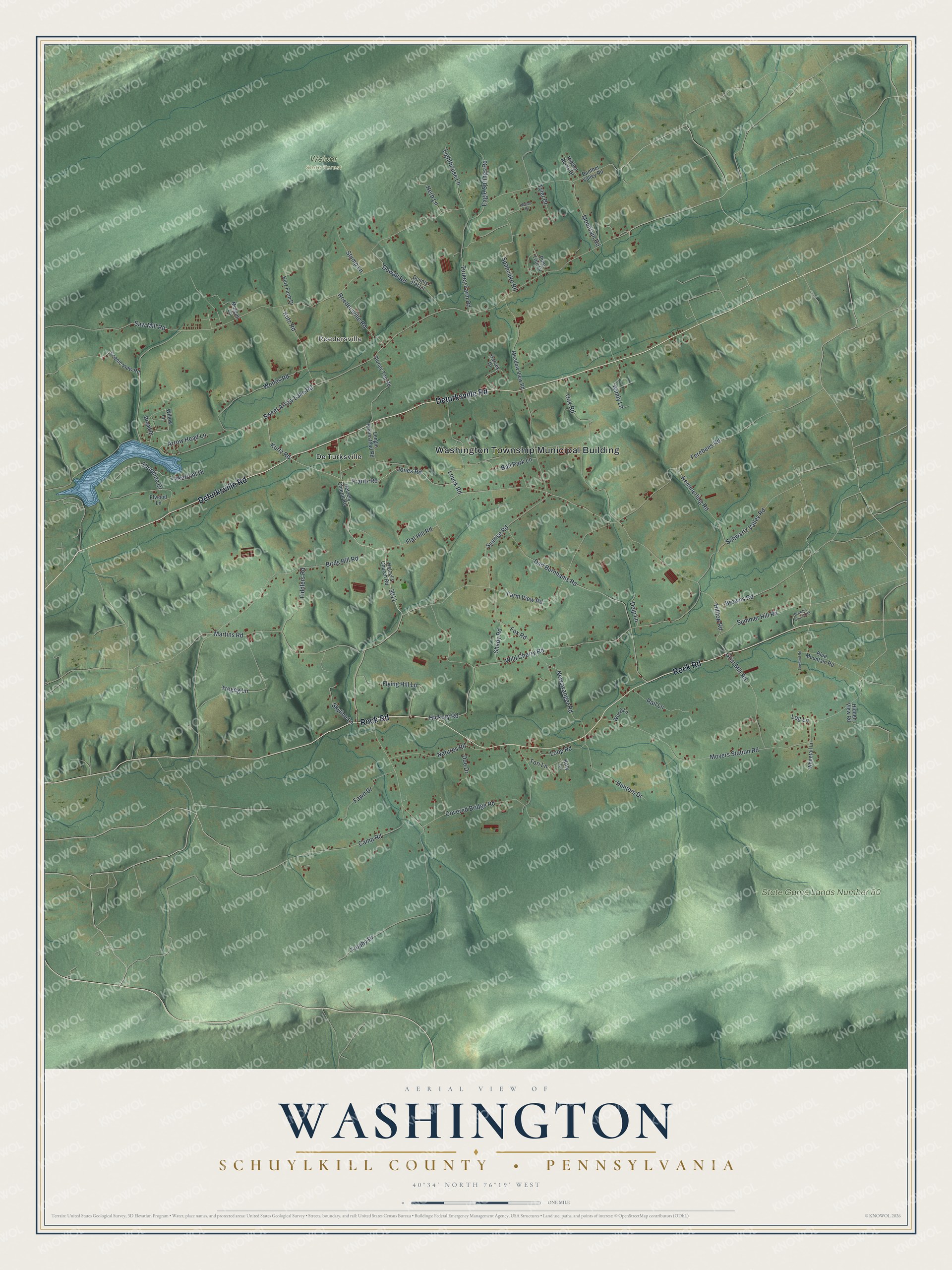Full map of Washington, Schuylkill County, Pennsylvania, with red buildings, printed street names and the land around them