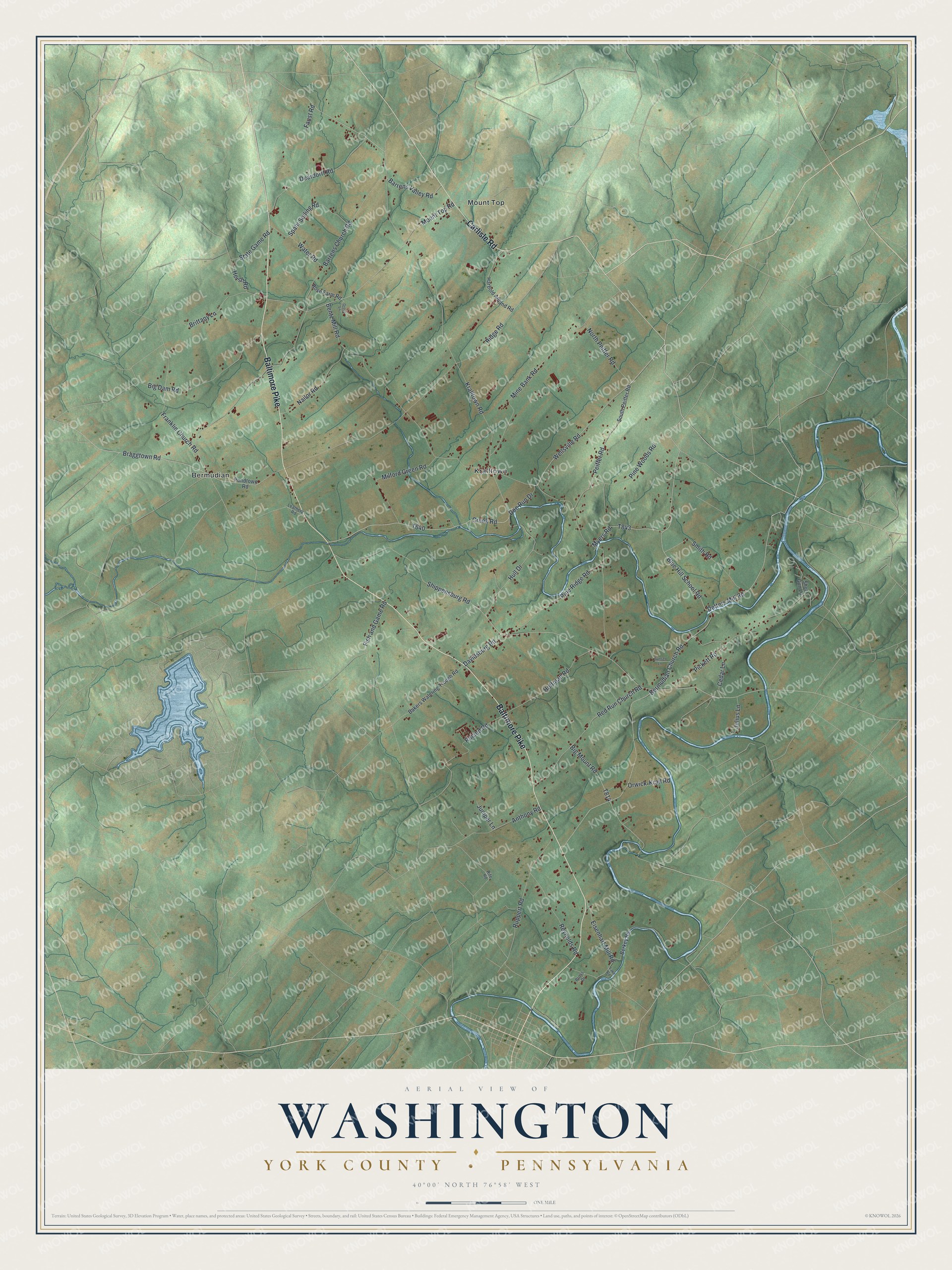 Full map of Washington, York County, Pennsylvania, with red buildings, printed street names and the land around them