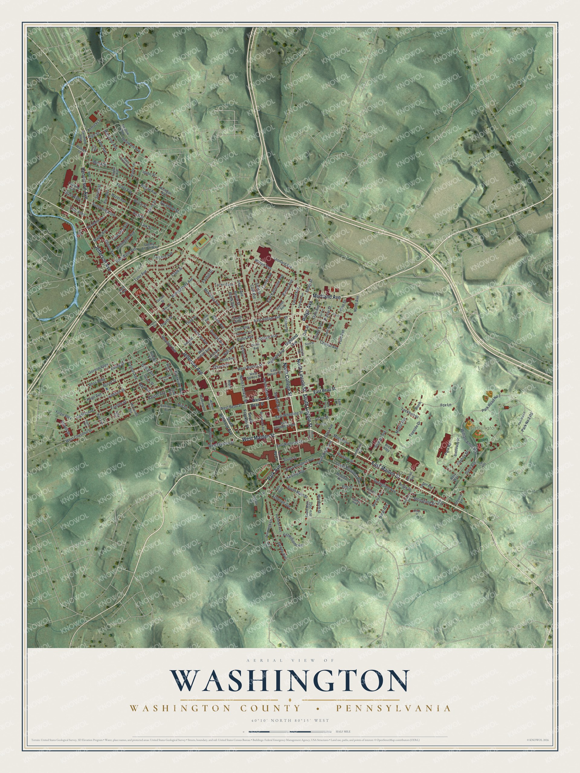 Full aerial map of Washington, Pennsylvania, with red city buildings, green hills, pale roads, and a cream title panel
