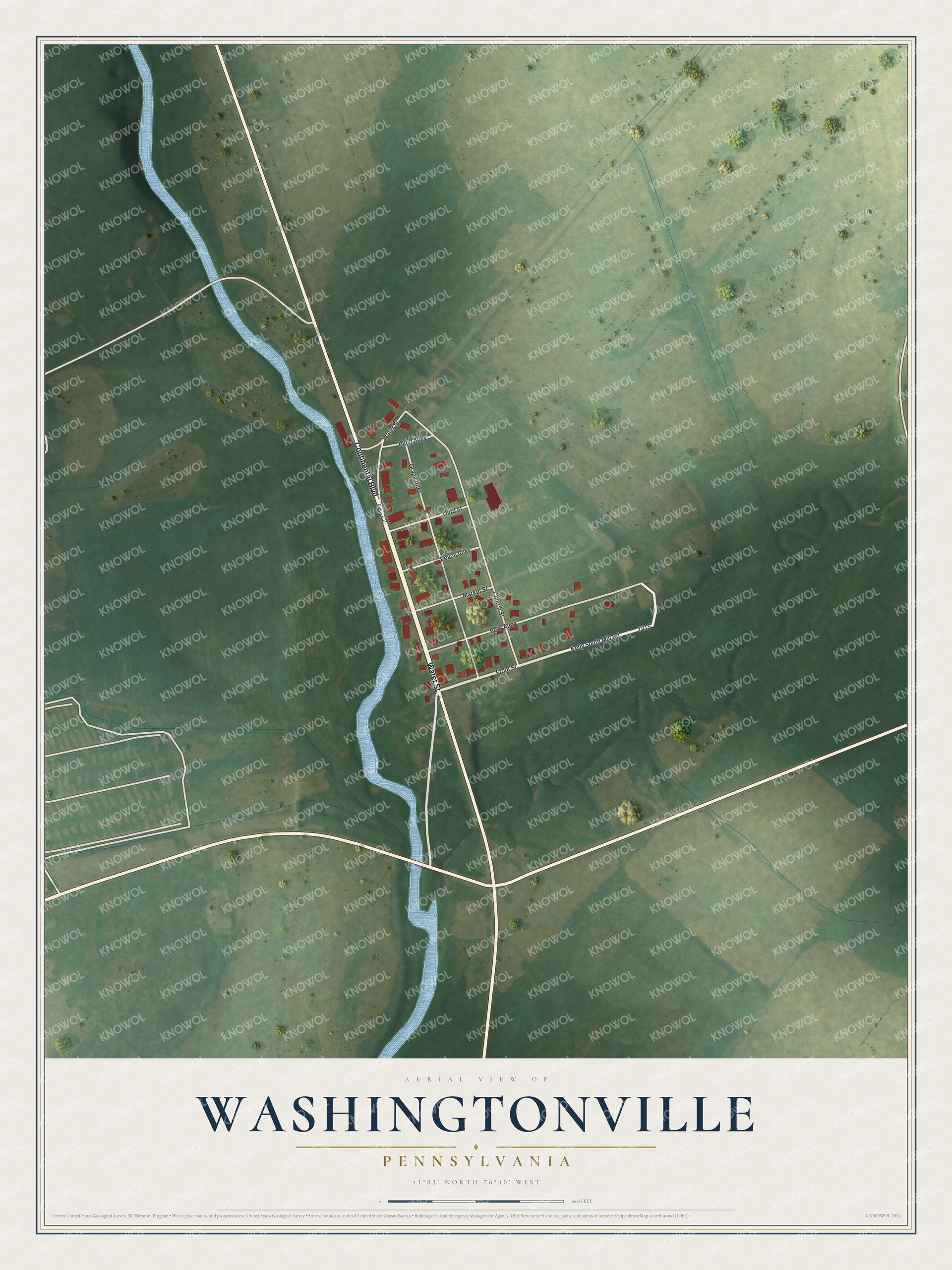 Full map of Washingtonville, Pennsylvania, with red buildings, printed street names and the land around them