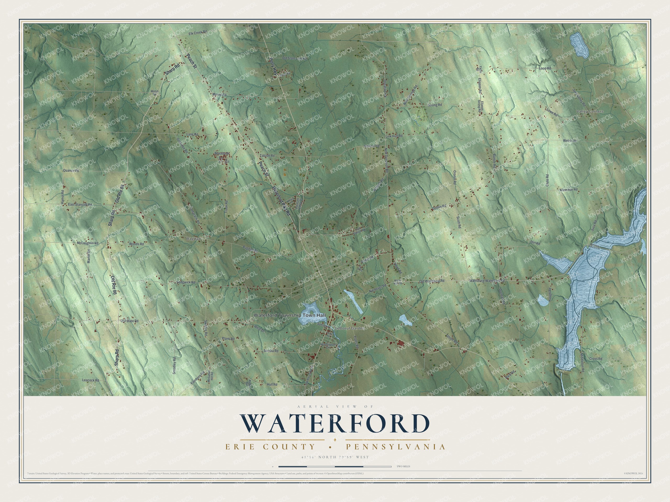 Full map of Waterford Township, Pennsylvania, with red buildings, printed street names and the land around them