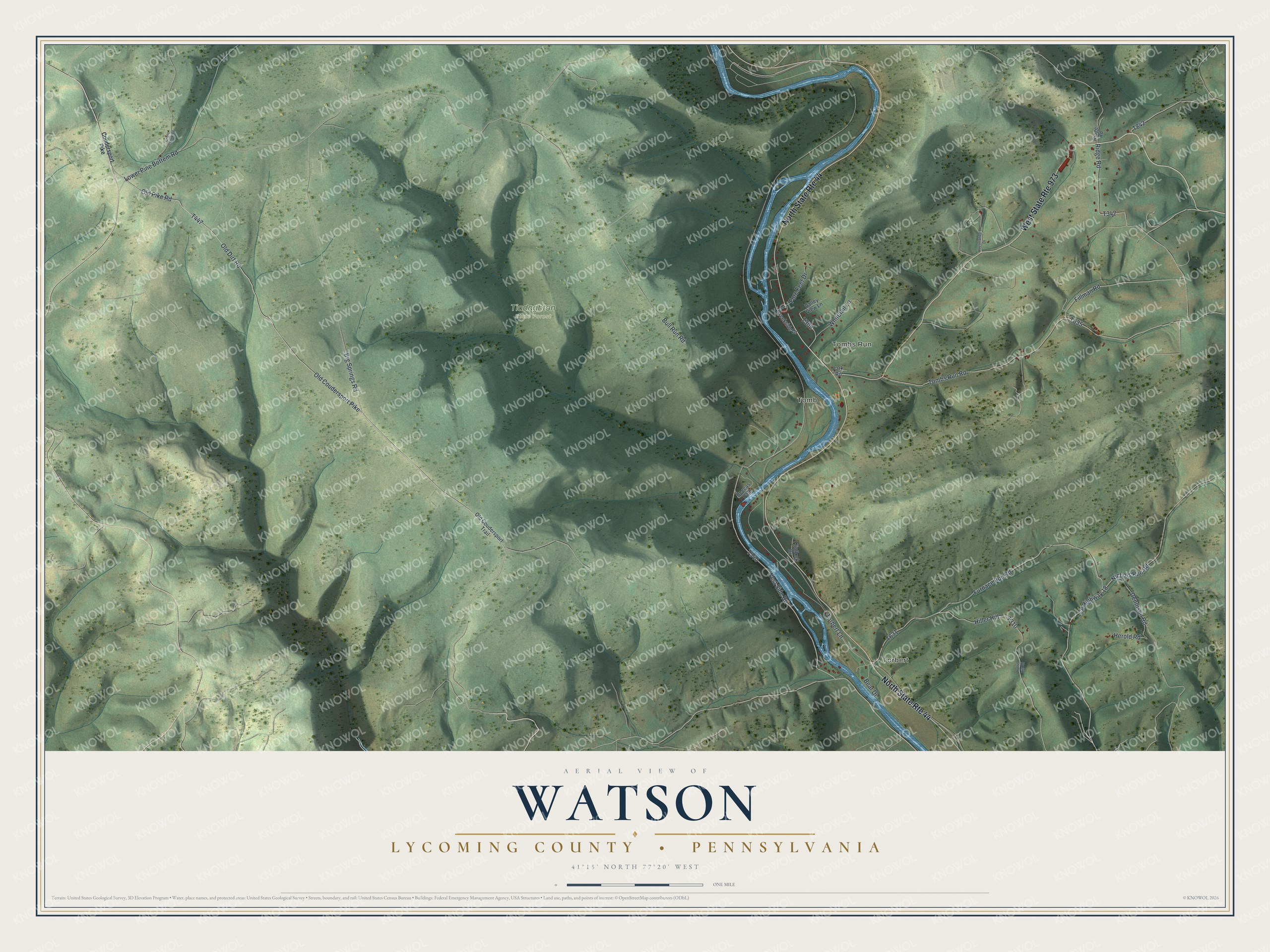 Full map of Watson, Lycoming County, Pennsylvania, with red buildings, printed street names and the land around them