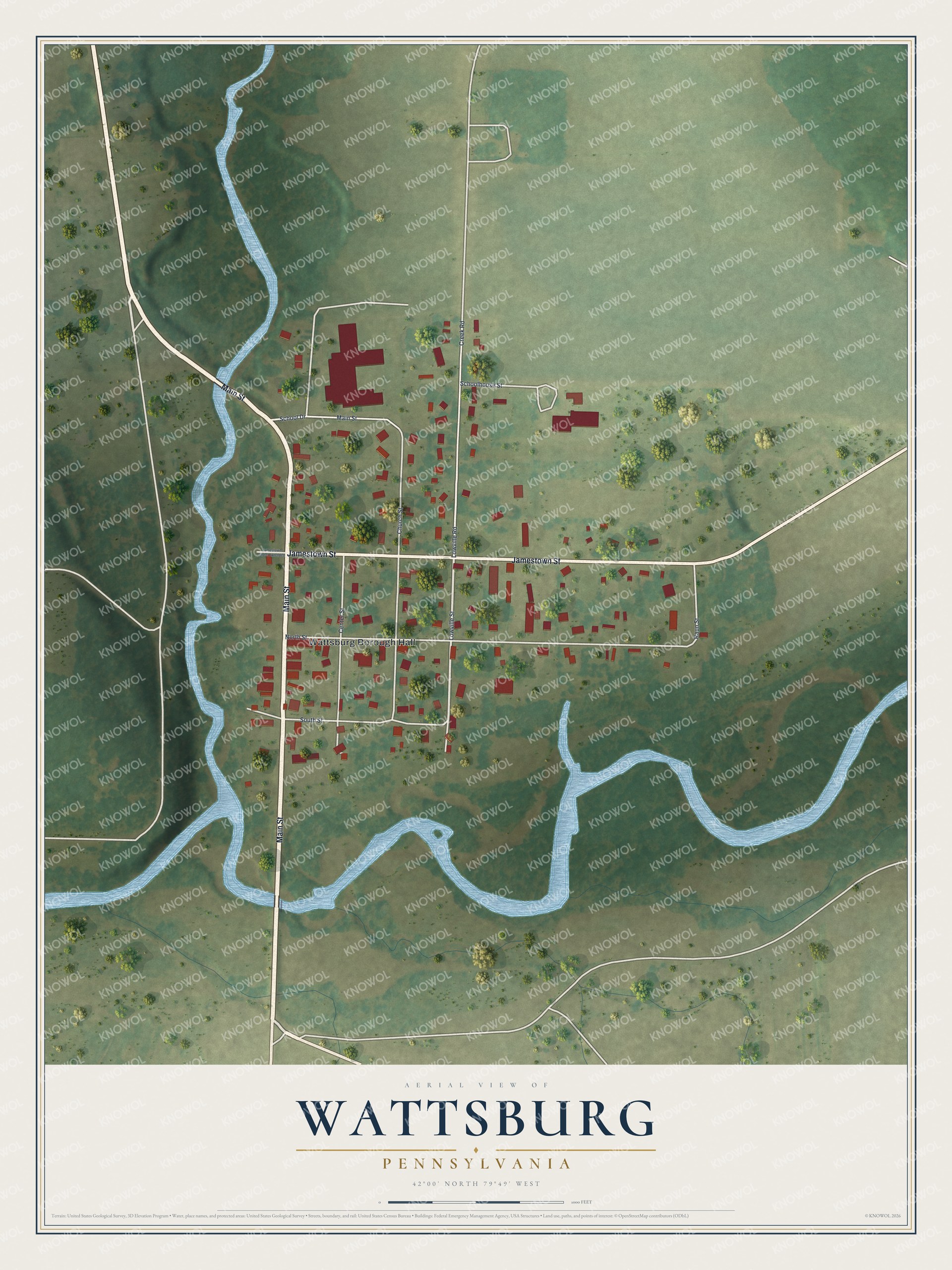 Full map of Wattsburg, Pennsylvania, with red buildings, printed street names and the land around them