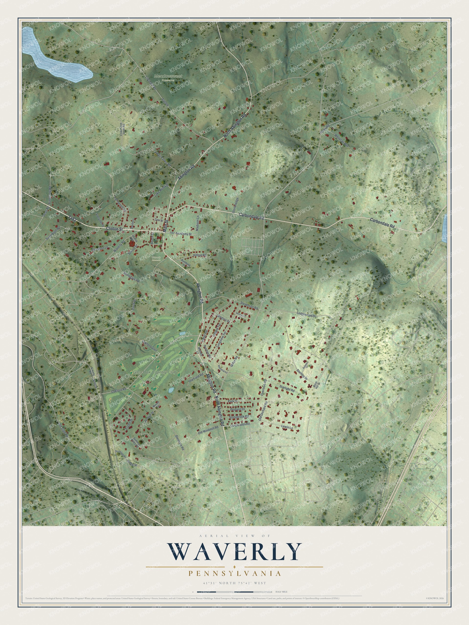 Full map of Waverly, Pennsylvania, with red buildings, printed street names and the land around them