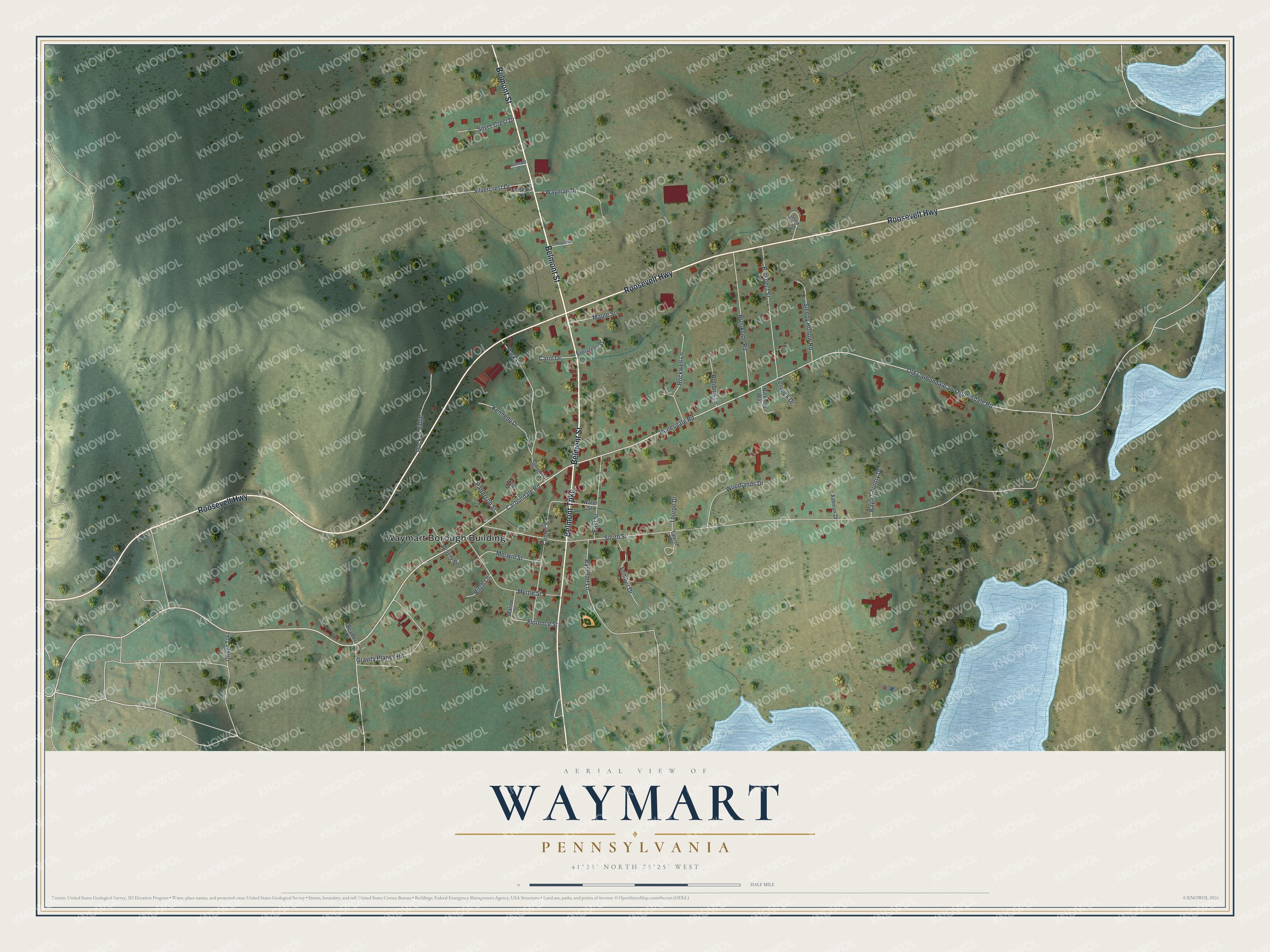 Full map of Waymart, Pennsylvania, with red buildings, printed street names and the land around them