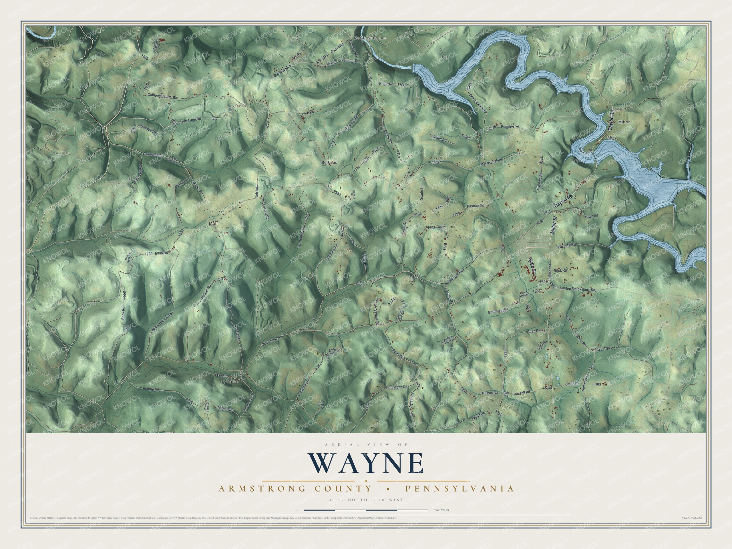 Full map of Wayne, Armstrong County, Pennsylvania, with red buildings, printed street names and the land around them