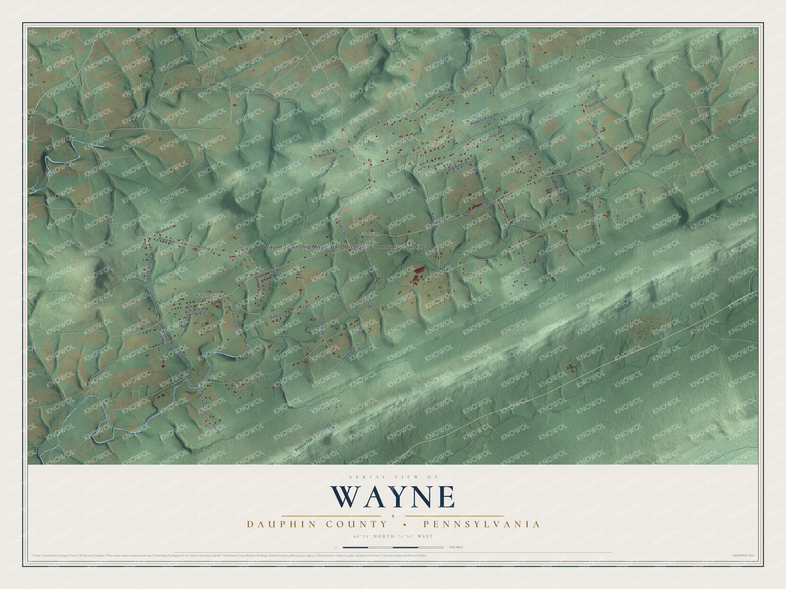 Full map of Wayne, Dauphin County, Pennsylvania, with red buildings, printed street names and the land around them