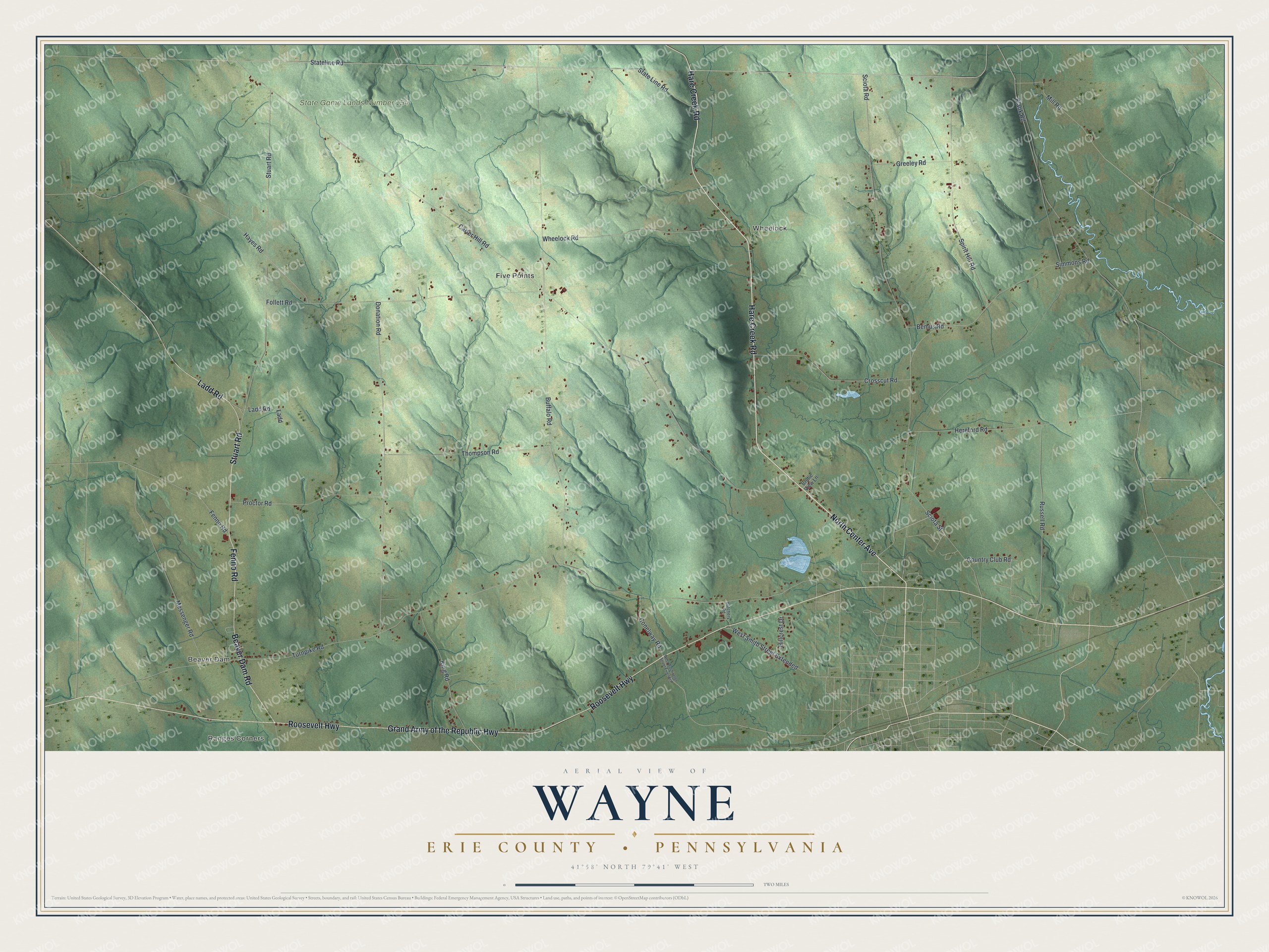 Full map of Wayne, Erie County, Pennsylvania, with red buildings, printed street names and the land around them