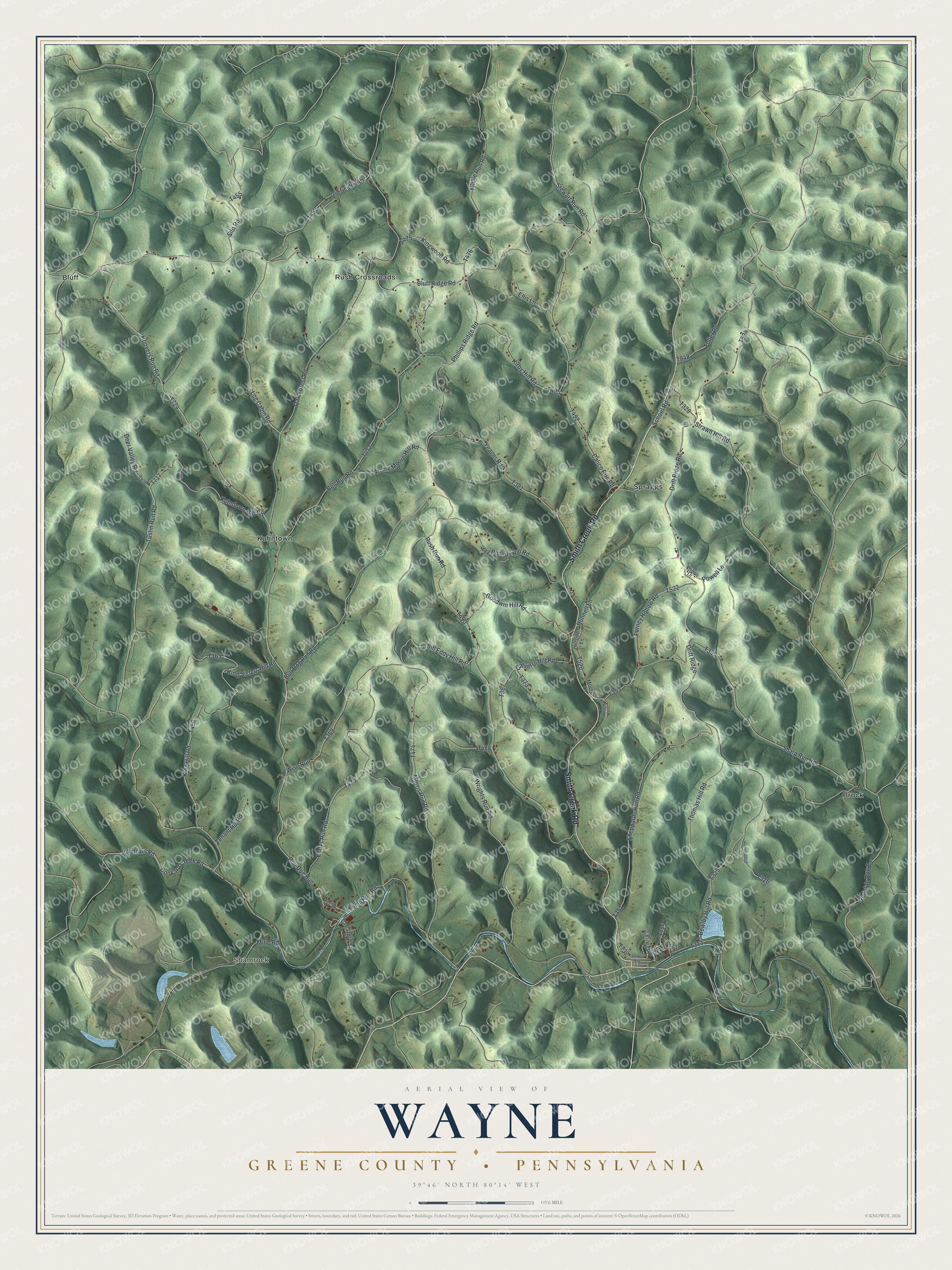 Full map of Wayne, Greene County, Pennsylvania, with red buildings, printed street names and the land around them