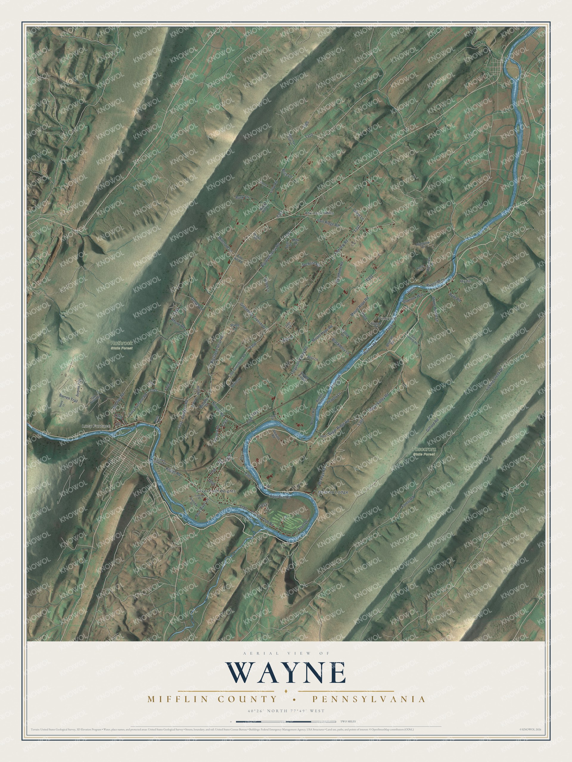 Full map of Wayne, Mifflin County, Pennsylvania, with red buildings, printed street names and the land around them