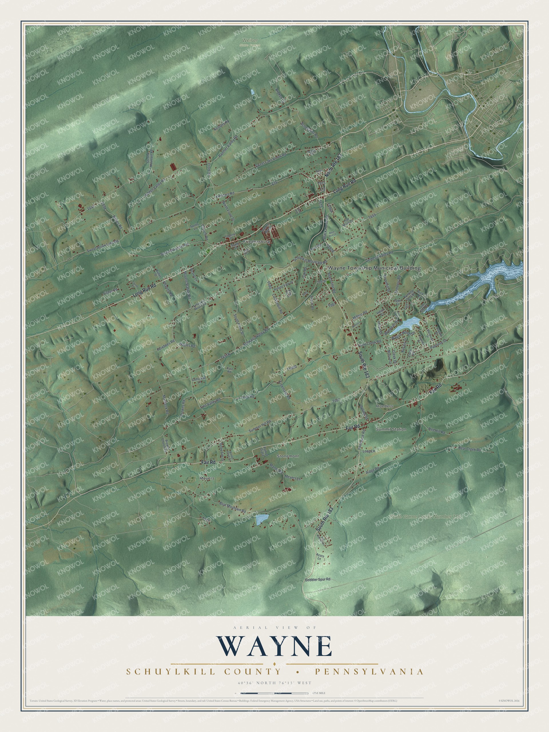 Full map of Wayne, Schuylkill County, Pennsylvania, with red buildings, printed street names and the land around them