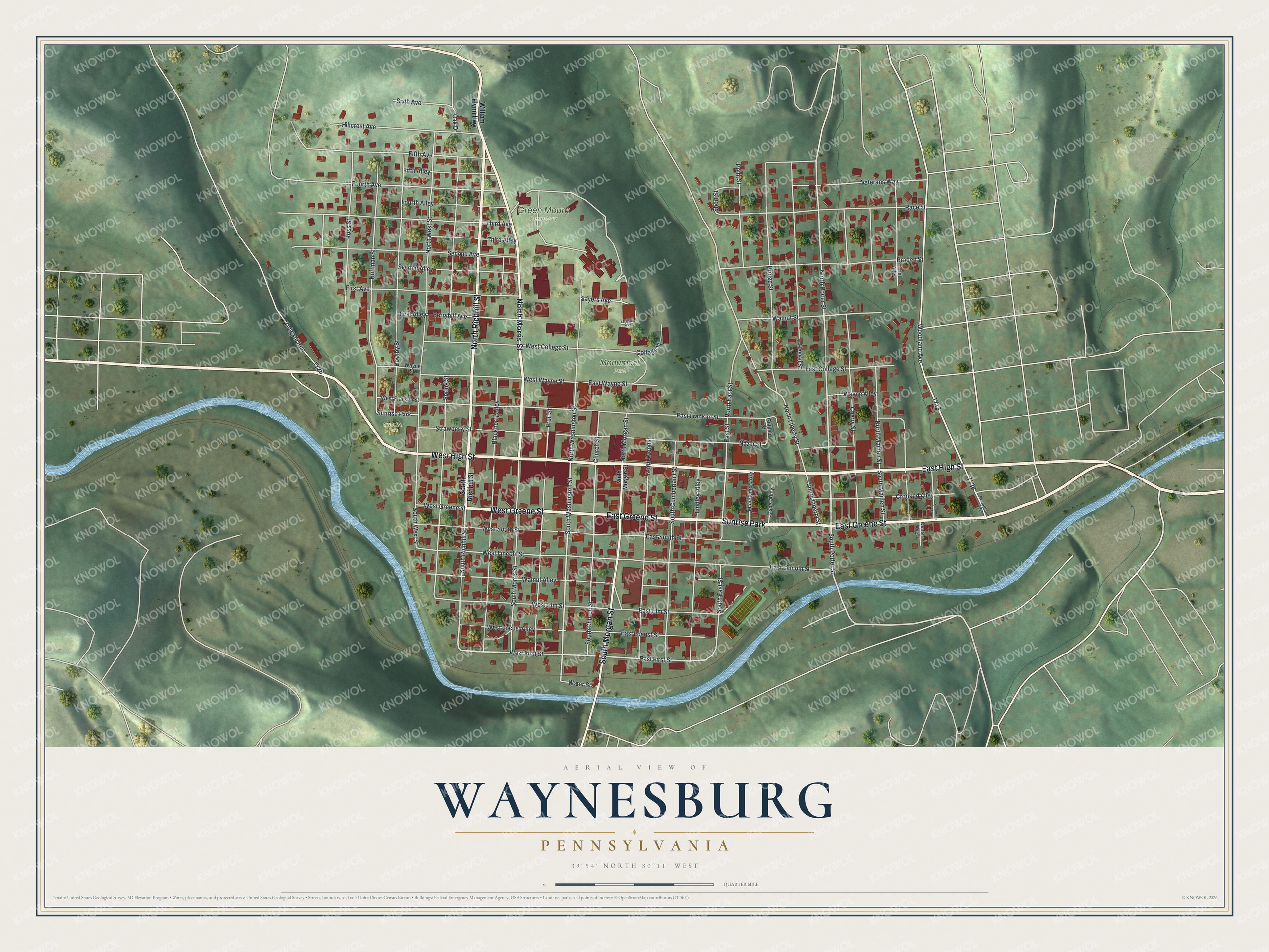 Full map of Waynesburg, Pennsylvania, with red buildings, printed street names and the land around them