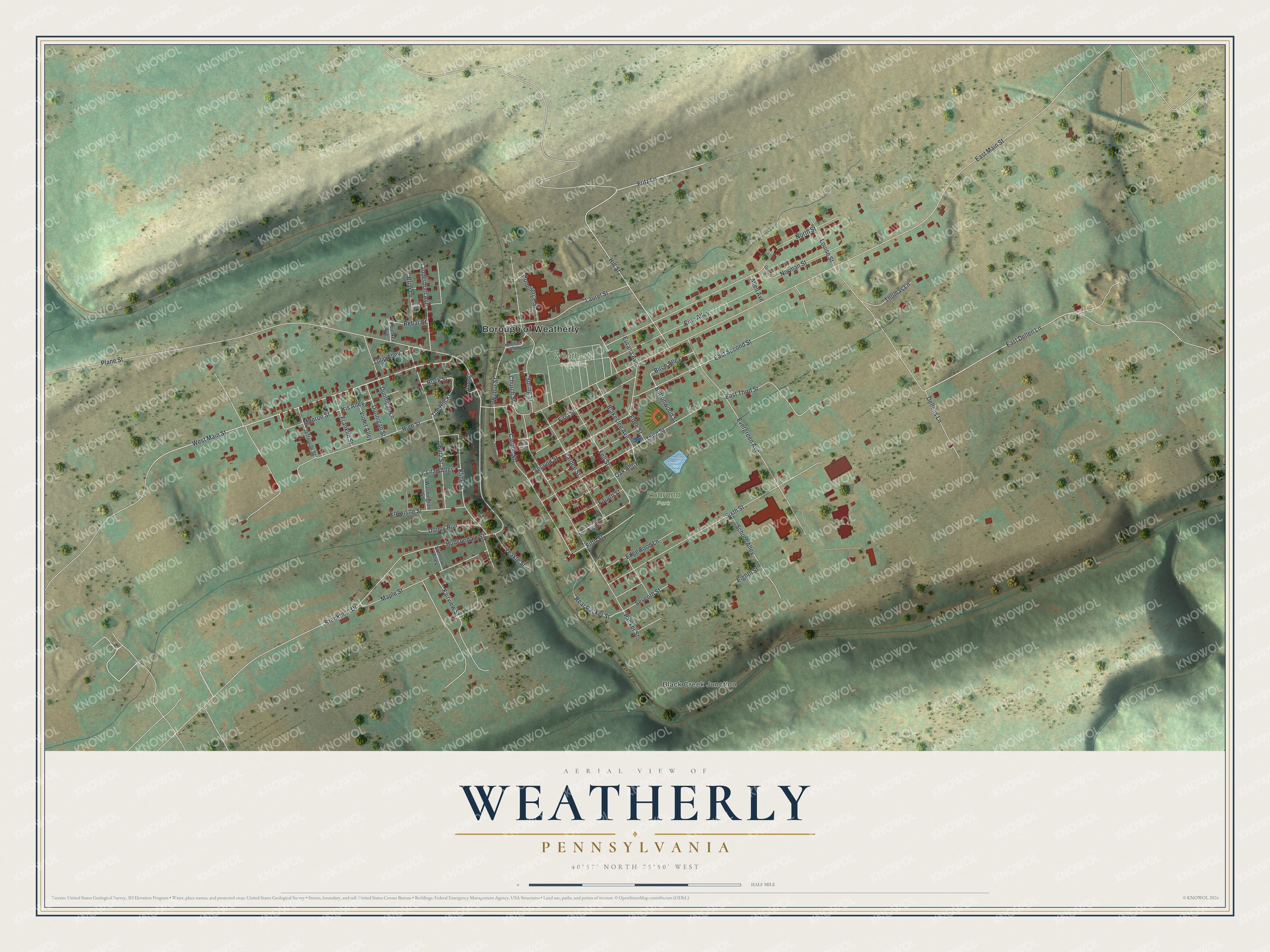 Full map of Weatherly, Pennsylvania, with red buildings, printed street names and the land around them