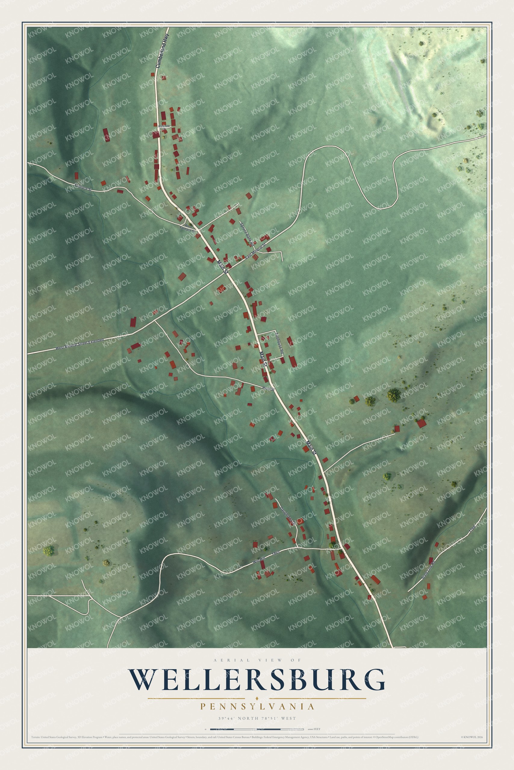 Full map of Wellersburg, Pennsylvania, with red buildings, printed street names and the land around them