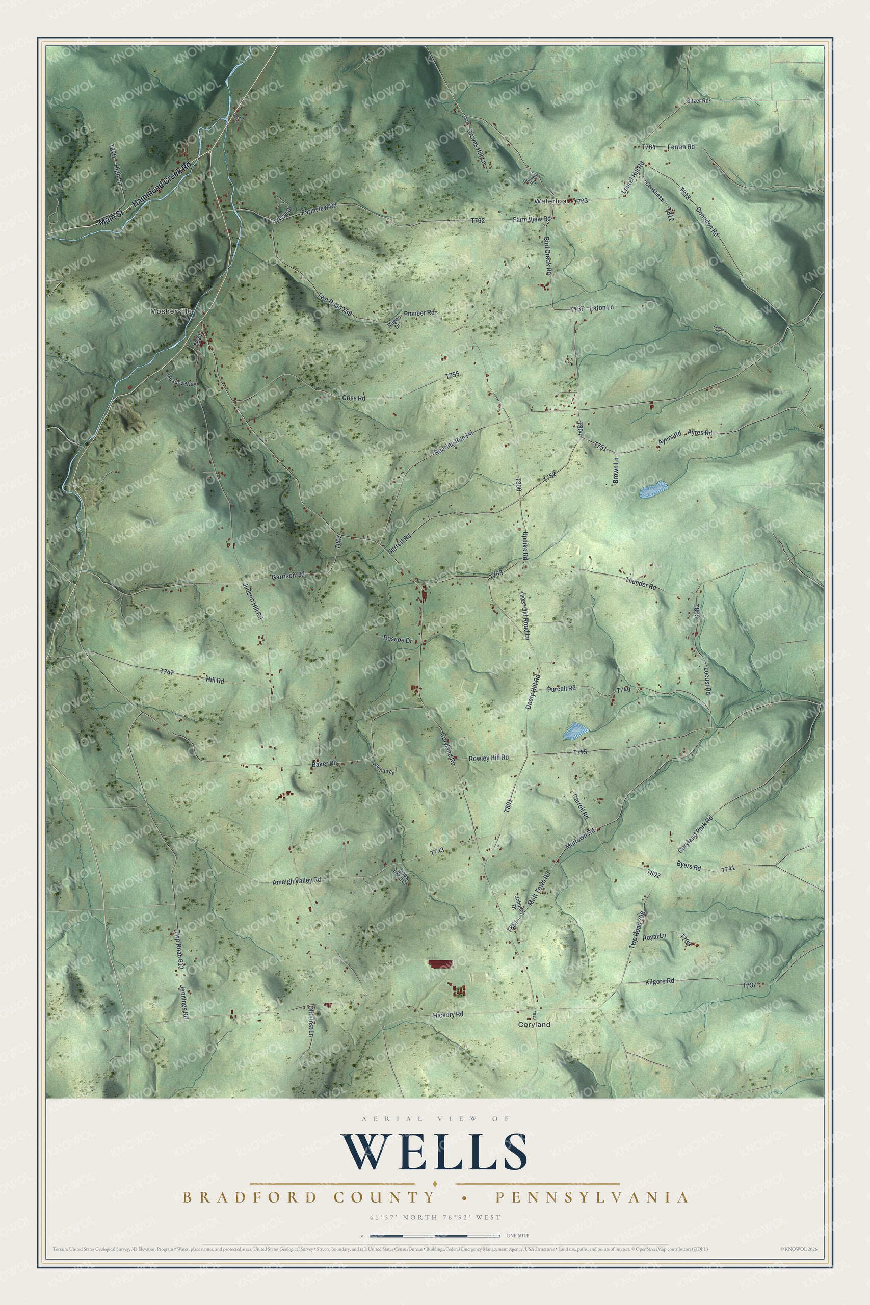Full map of Wells, Bradford County, Pennsylvania, with red buildings, printed street names and the land around them