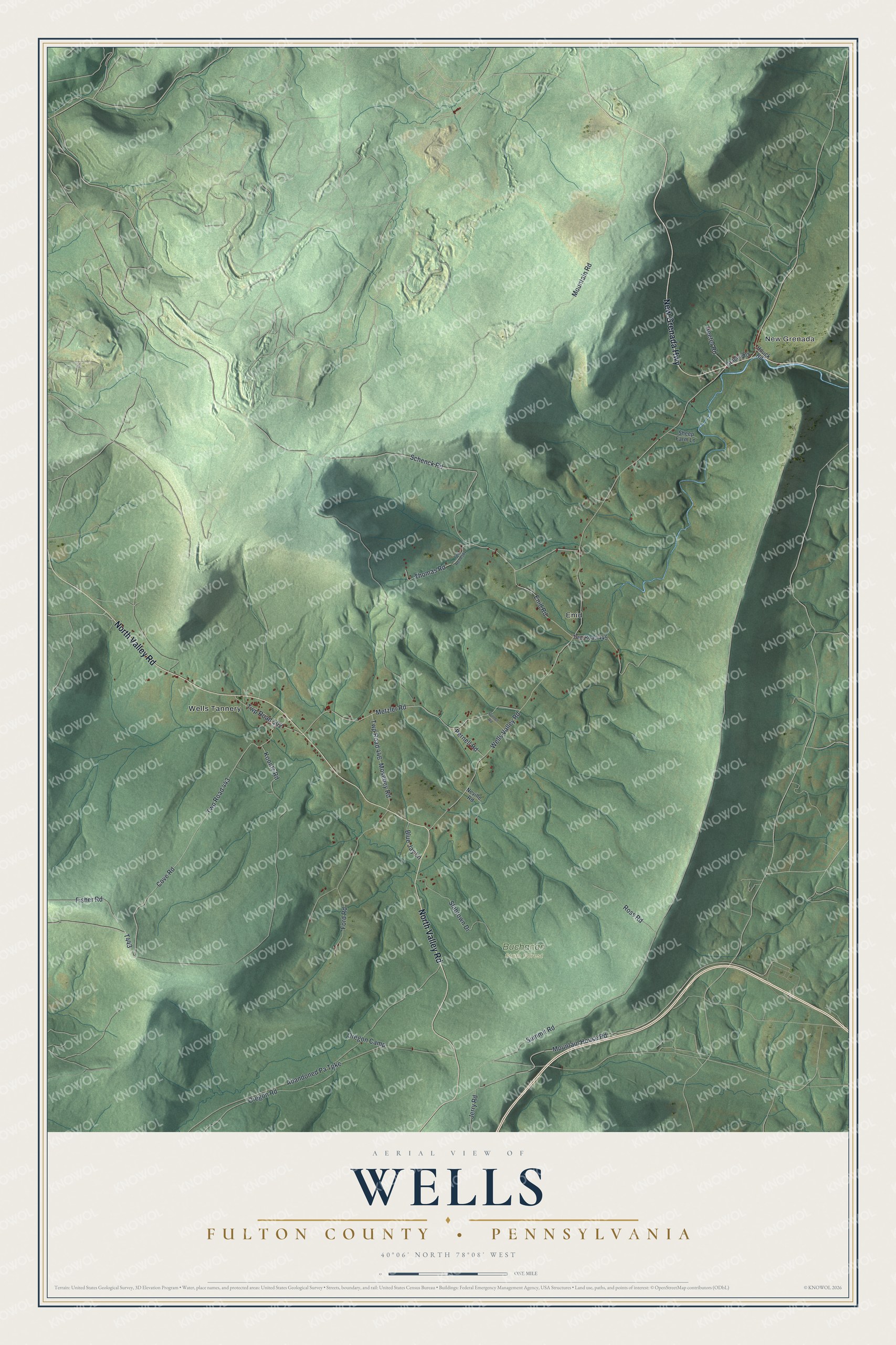 Full map of Wells, Fulton County, Pennsylvania, with red buildings, printed street names and the land around them