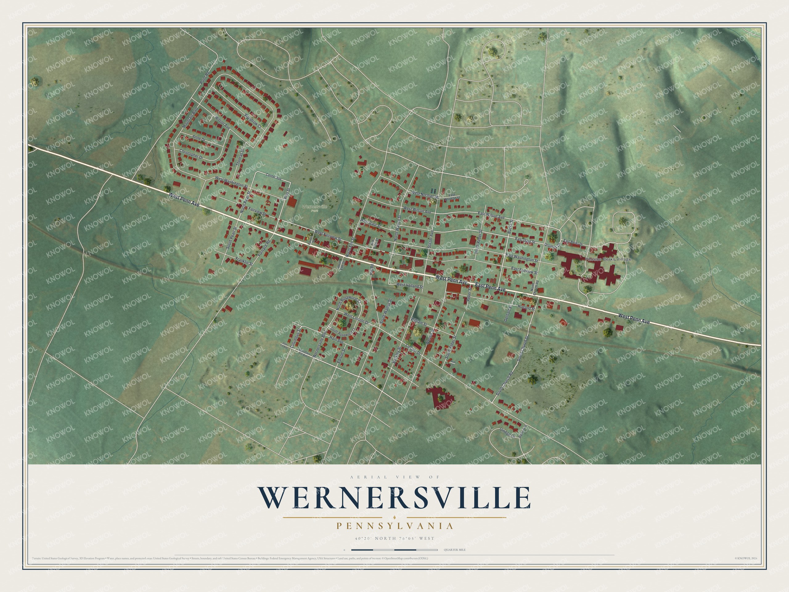 Full map of Wernersville, Pennsylvania, with red buildings, printed street names and the land around them