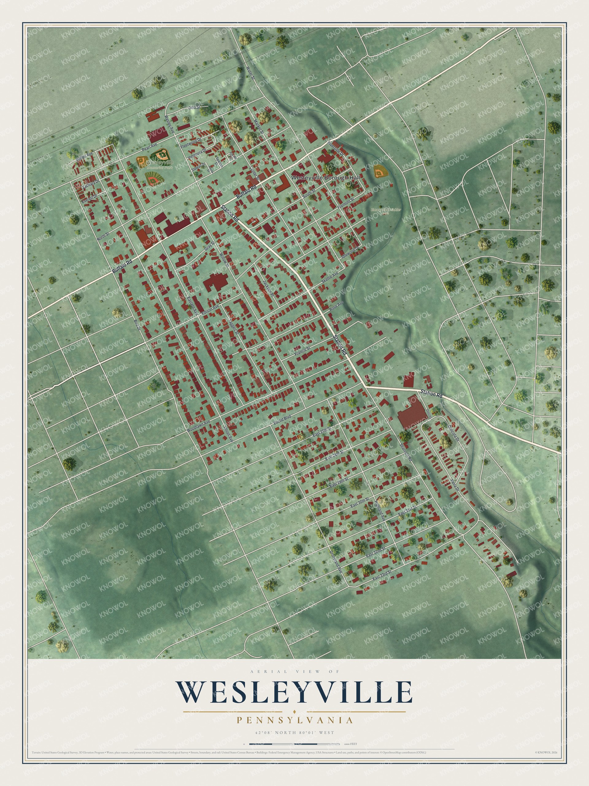 Aerial style map of Wesleyville, Pennsylvania with red buildings, Buffalo Road, Station Road and a winding creek on green land