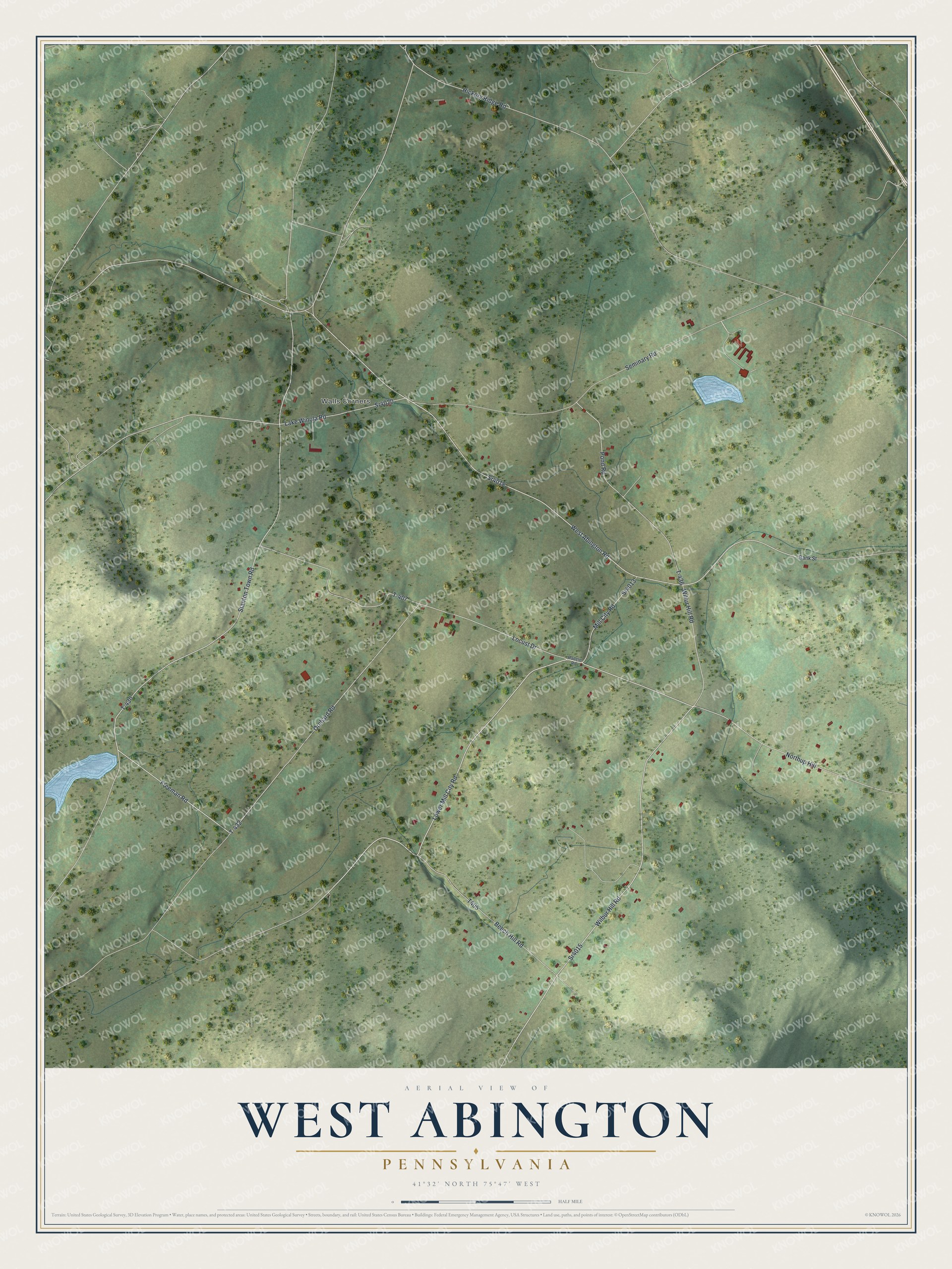 Full map of West Abington, Pennsylvania, with red buildings, printed street names and the land around them