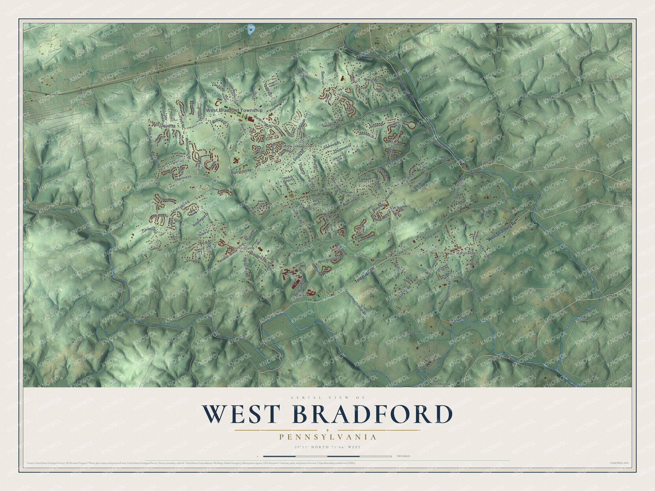 Full map of West Bradford, Pennsylvania, with red buildings, printed street names and the land around them