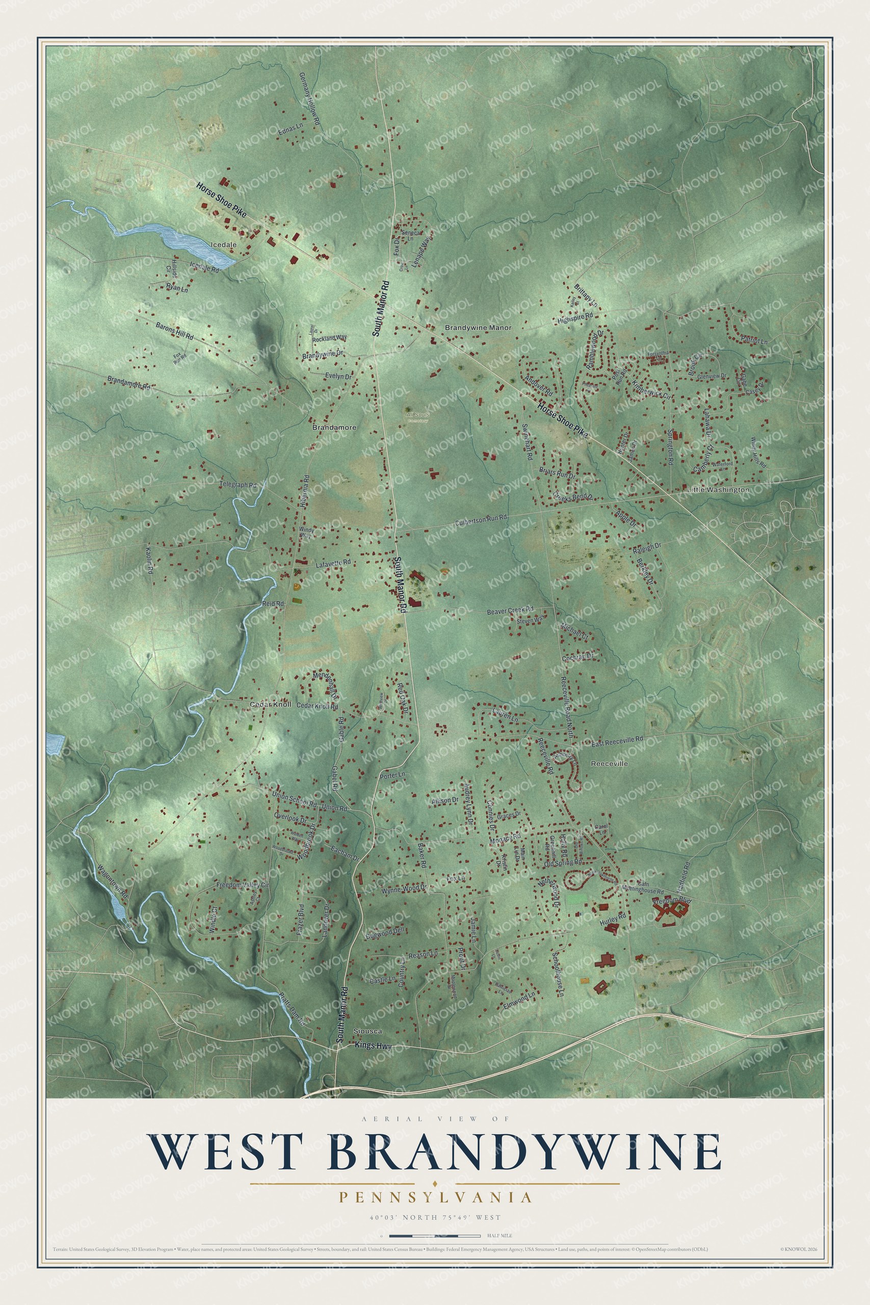 Full map of West Brandywine, Pennsylvania, with red buildings, printed street names and the land around them