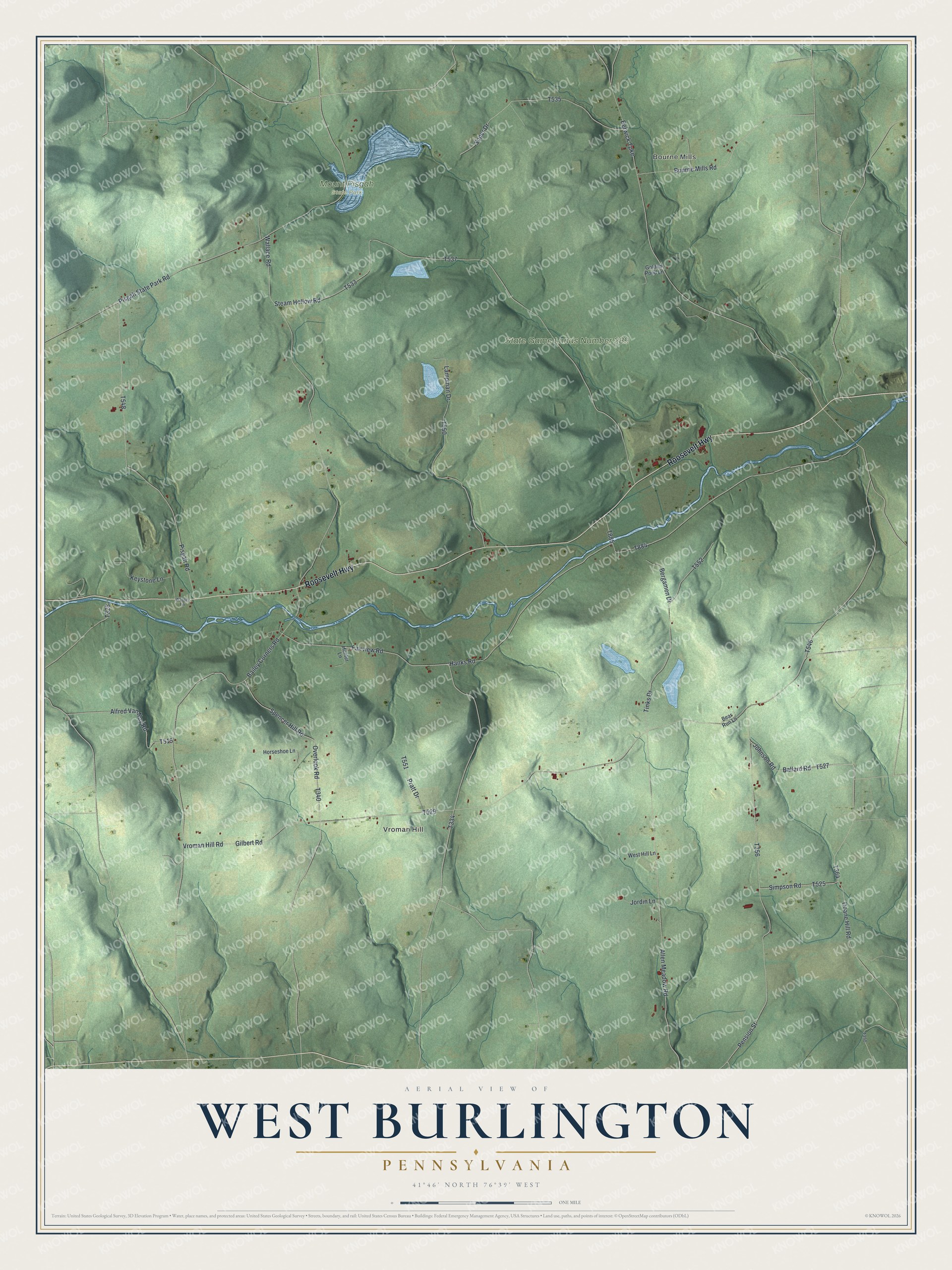Full map of West Burlington, Pennsylvania, with red buildings, printed street names and the land around them