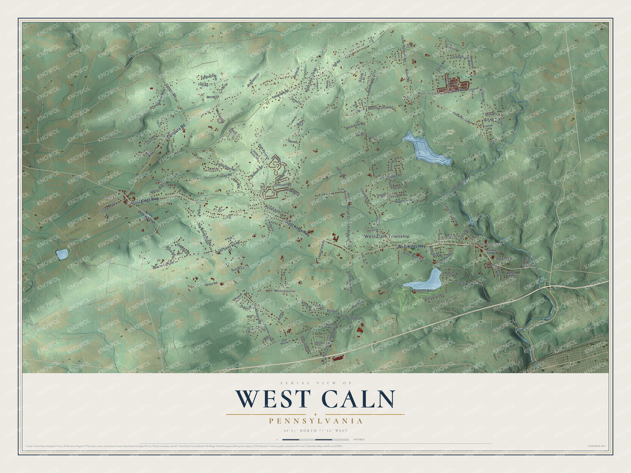 Full map of West Caln, Pennsylvania, with red buildings, printed street names and the land around them