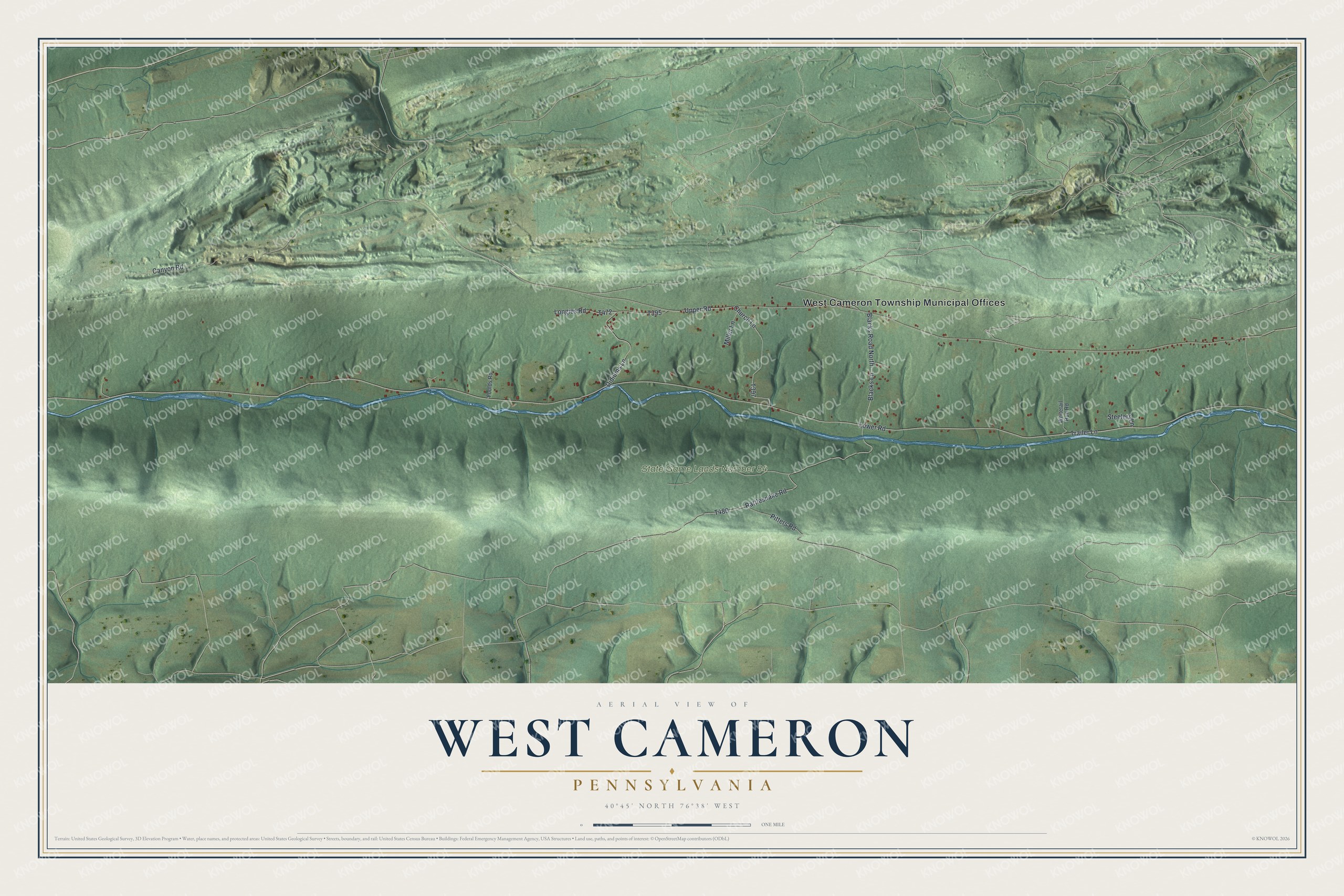 Full map of West Cameron, Pennsylvania, with red buildings, printed street names and the land around them